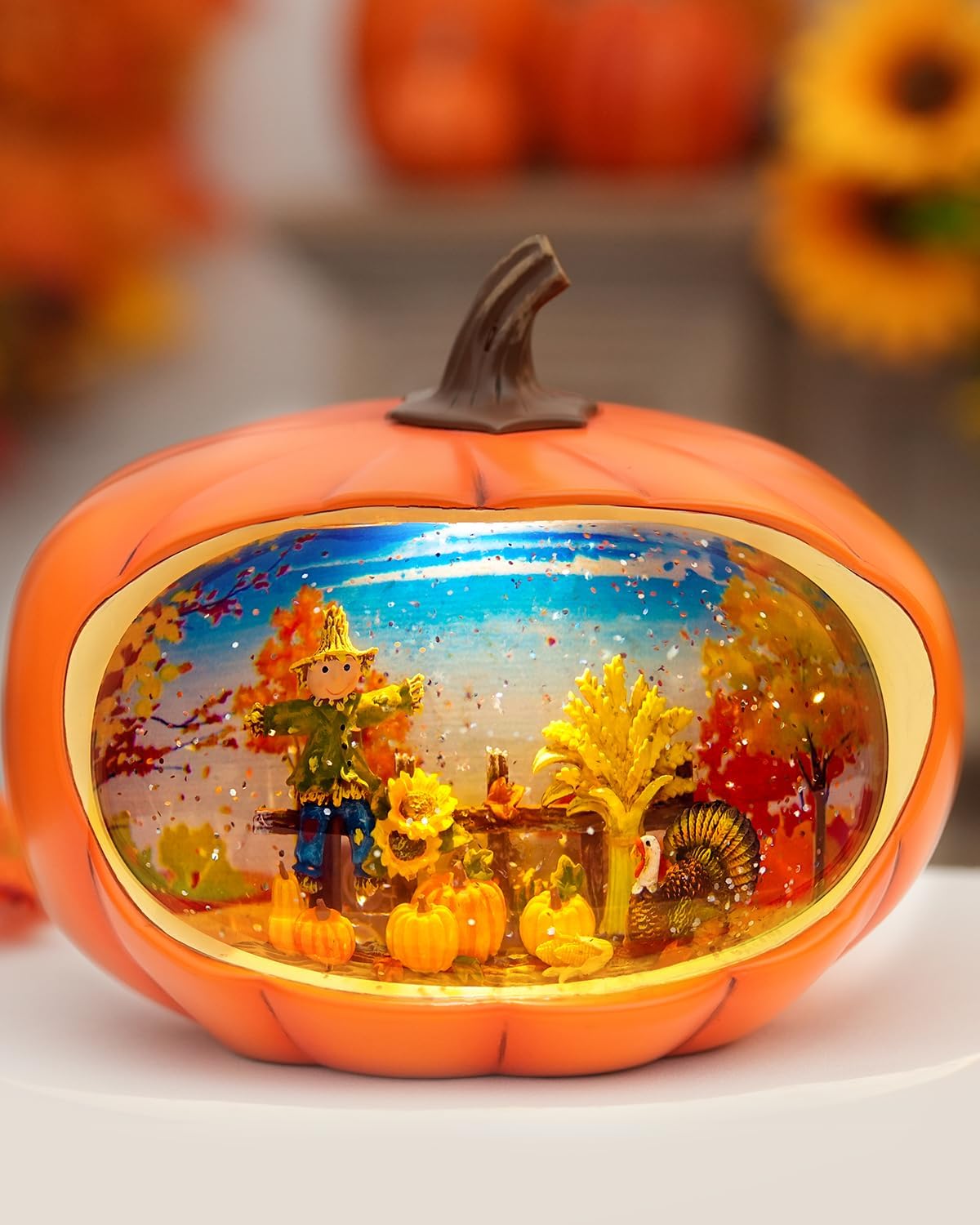 HOLYHOM Fall Decor Lighted Pumpkin Snow Globe