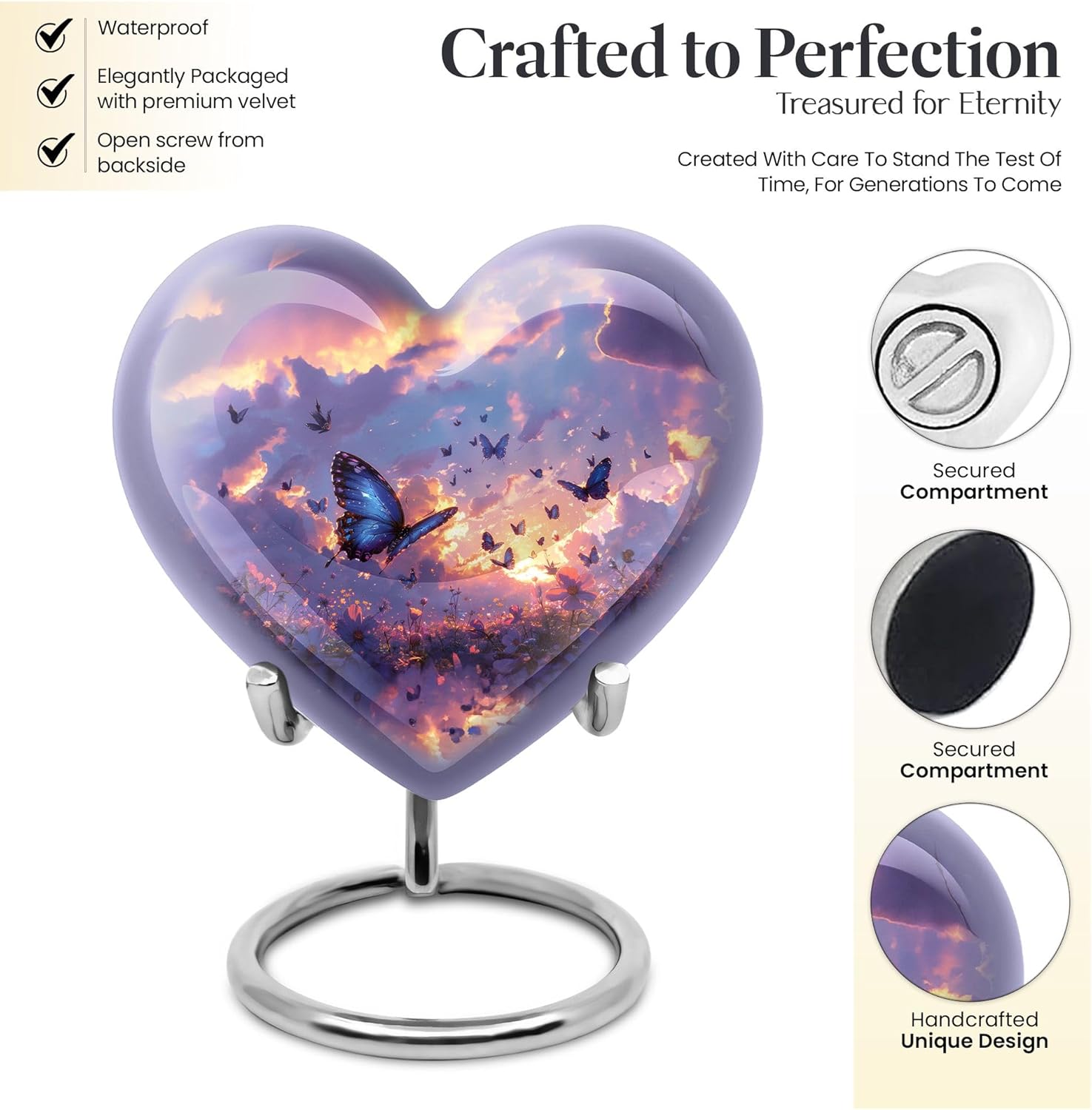 Twilight Butterflies Small Heart Urn - Purple Cremation Keepsake for Human Ashes