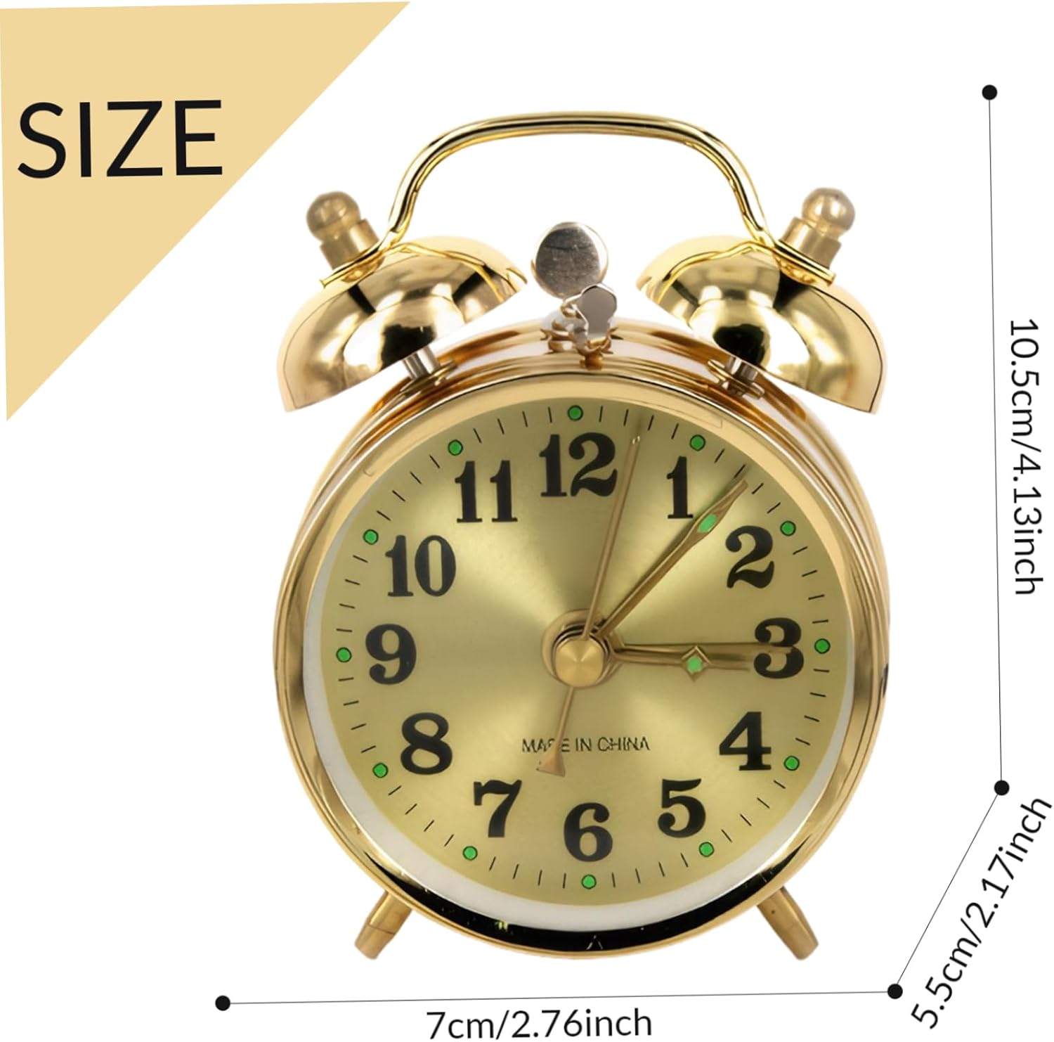 Wind Up Alarm Clock with Twin Bell Gold Metal Design