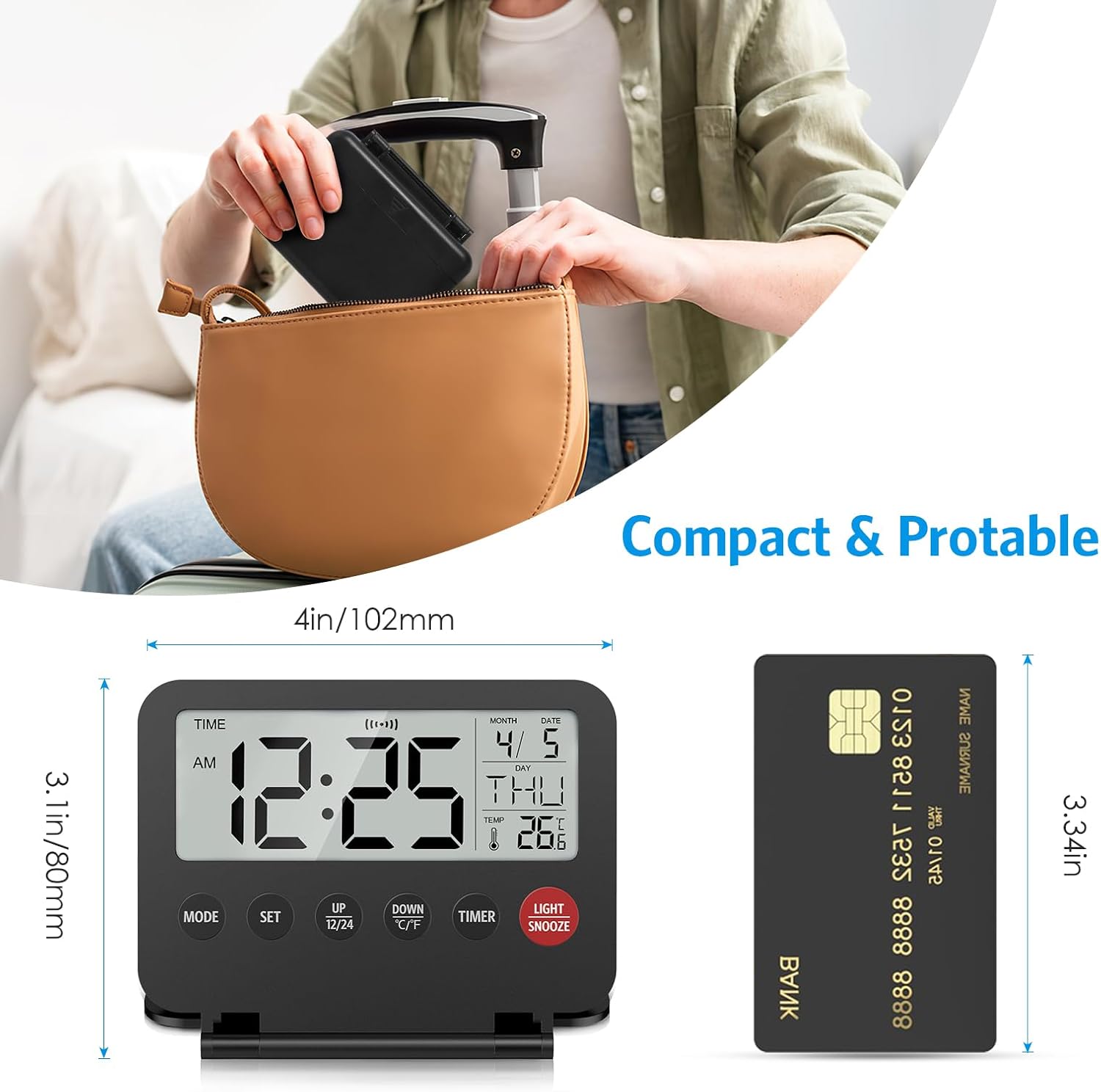 Olipiter Foldable Alarm Clock with Backlight and Temperature Display