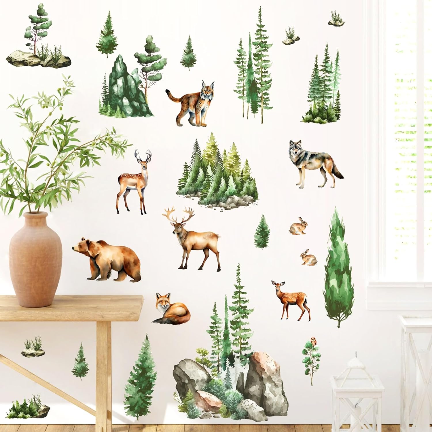 Woodland Animal Window Stickers with Green Pine Tree and Mountain Scenes