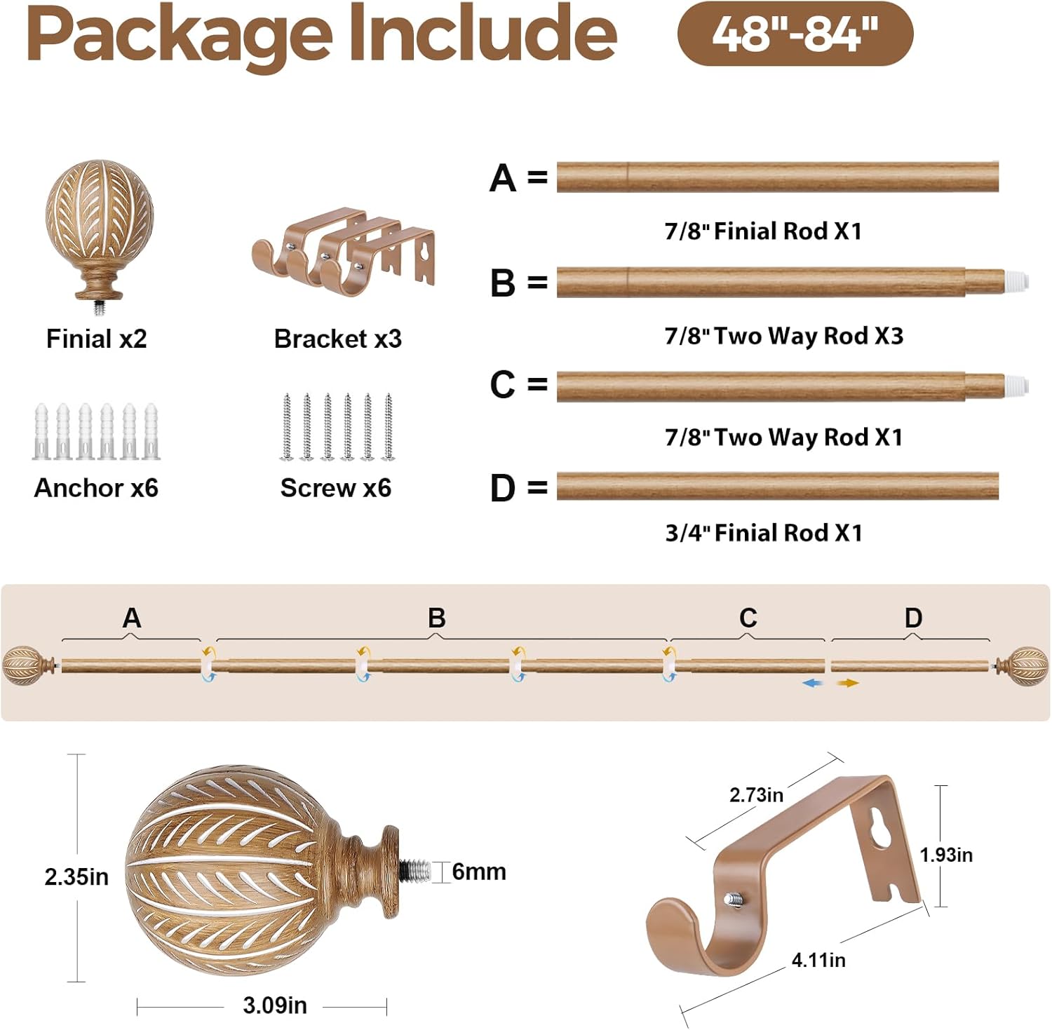 KAMANINA 1 Inch Adjustable Wooden Curtain Rods 48-84 Inch