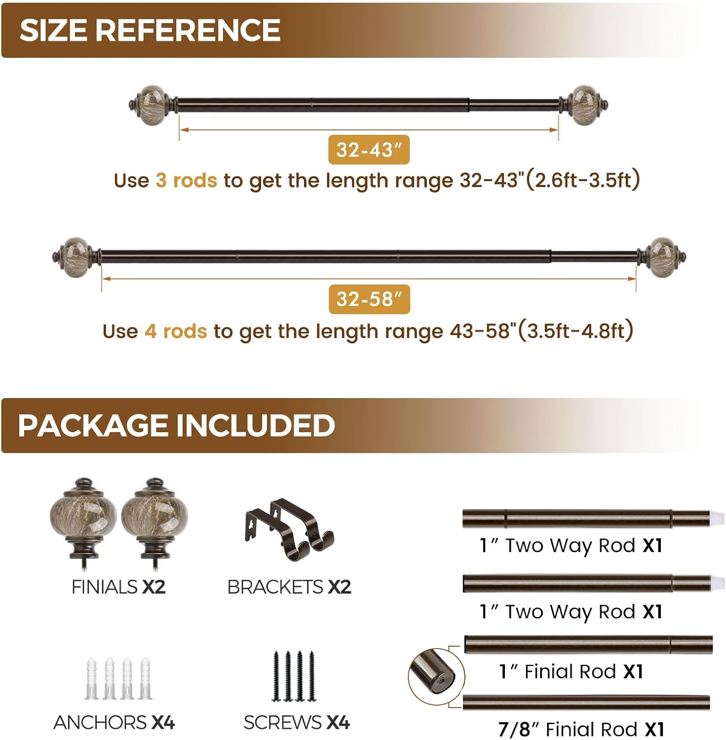 KAMANINA 1 Inch Curtain Rods 32-58 Inches Antique Bronze