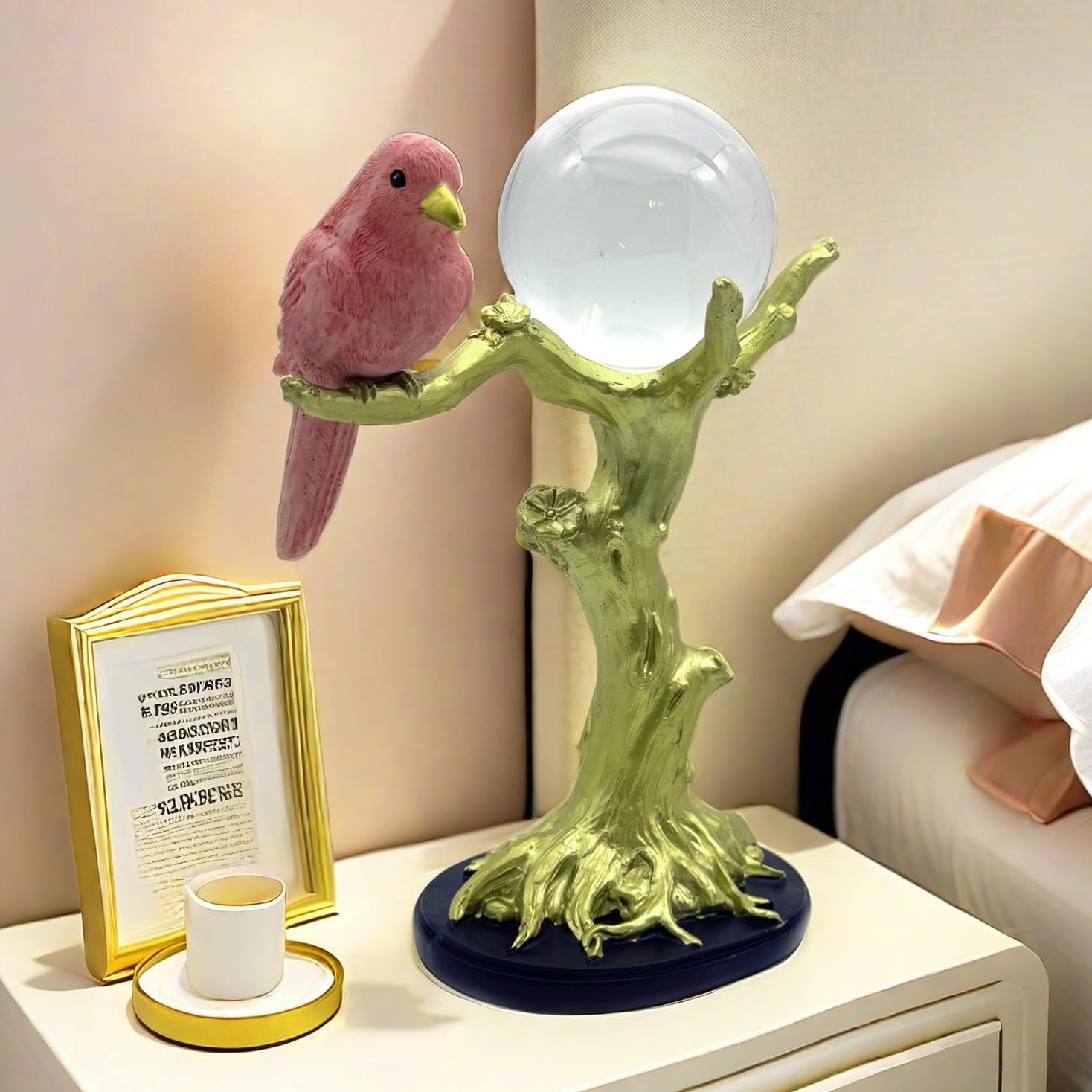 Pink Resin Bird on Tree Branch with Crystal Glass Ball Statue
