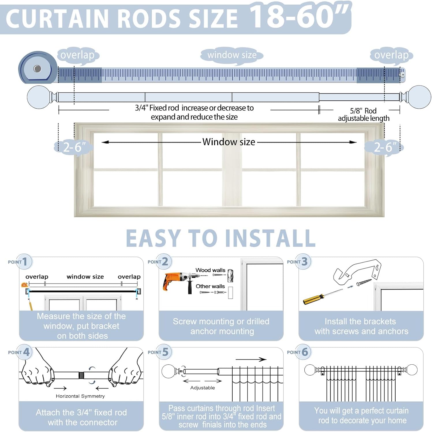 Silver Crystal Curtain Rods 18-60 Inches Adjustable