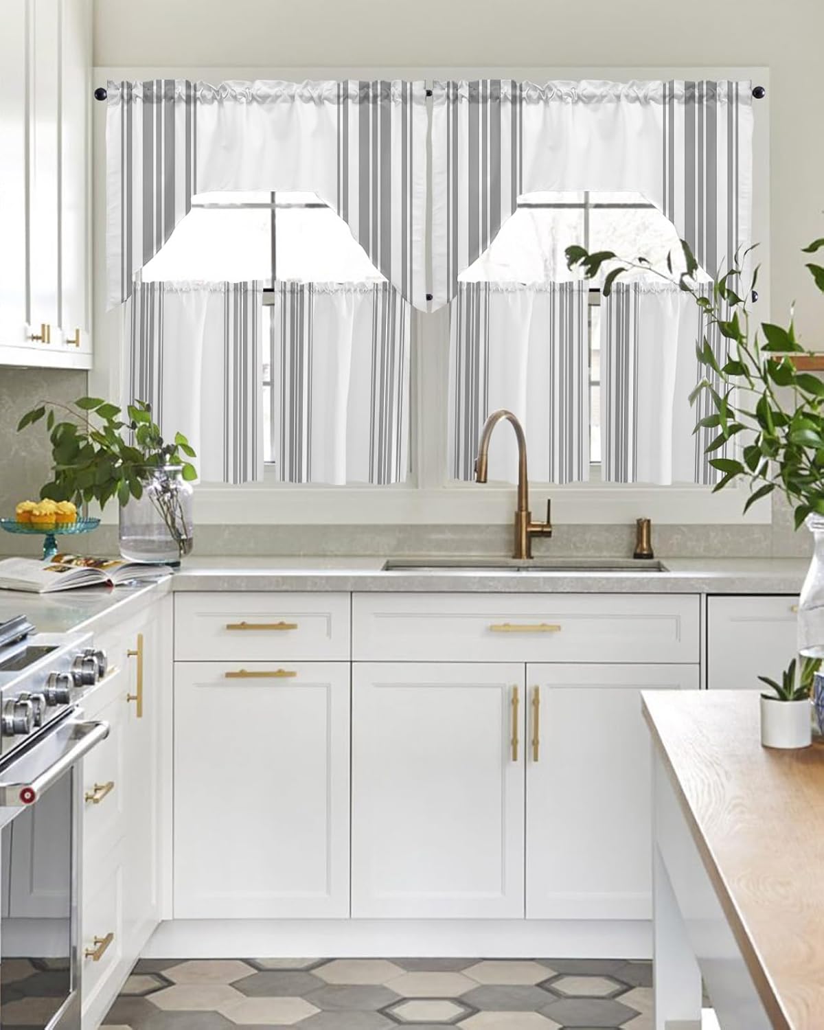 Grey White Stripes Swag Curtains 3 Piece Set for Kitchen Living Room