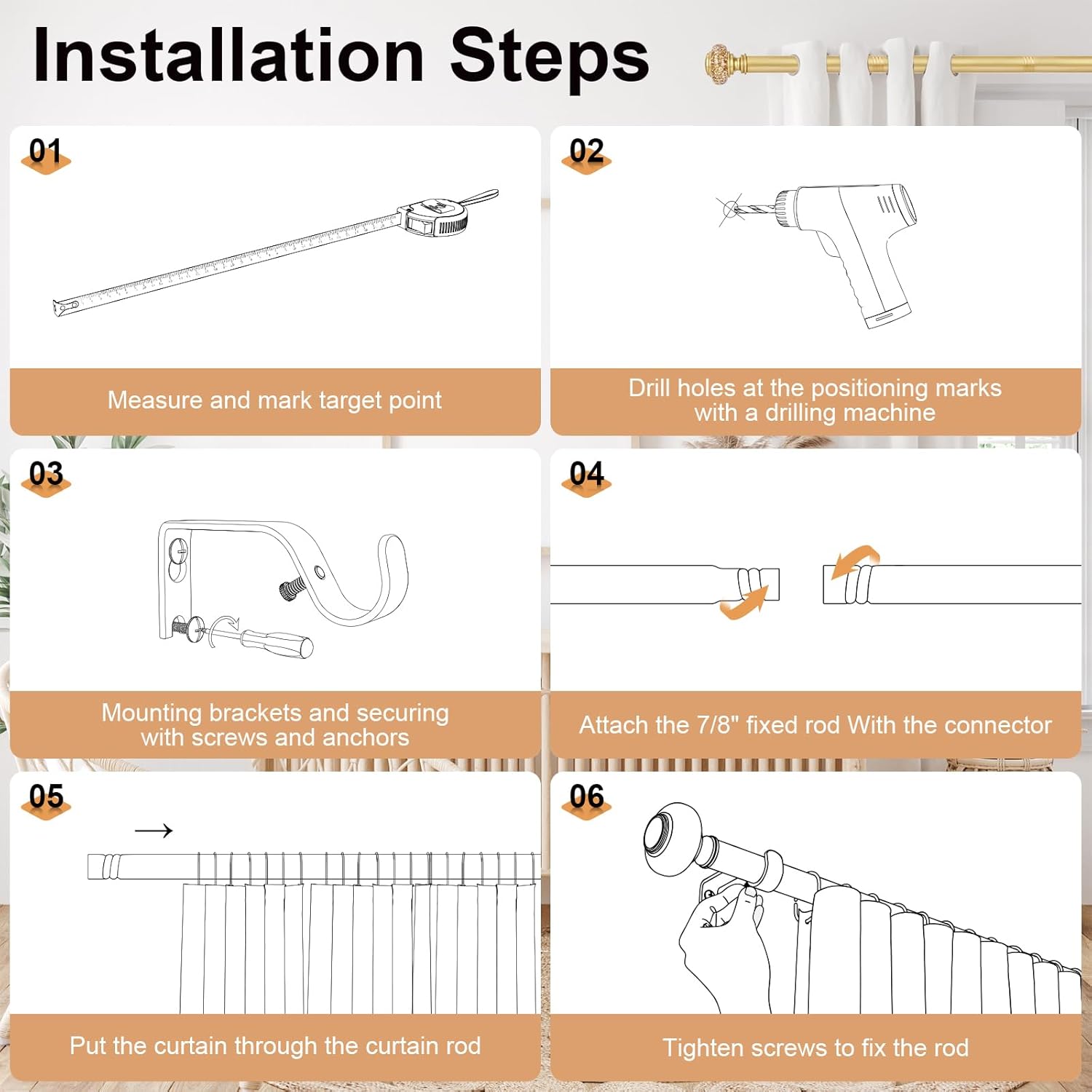 2 Pack Gold Curtain Rods for Windows 48-84 Inch Farmhouse Style