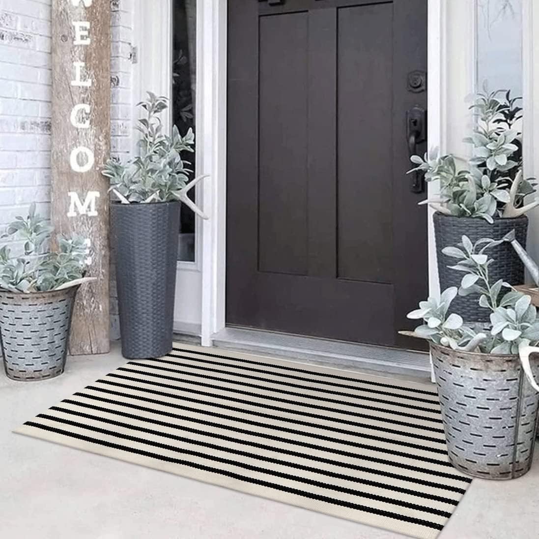 Collive Black and White Striped Outdoor Rug Door Mat 24x51