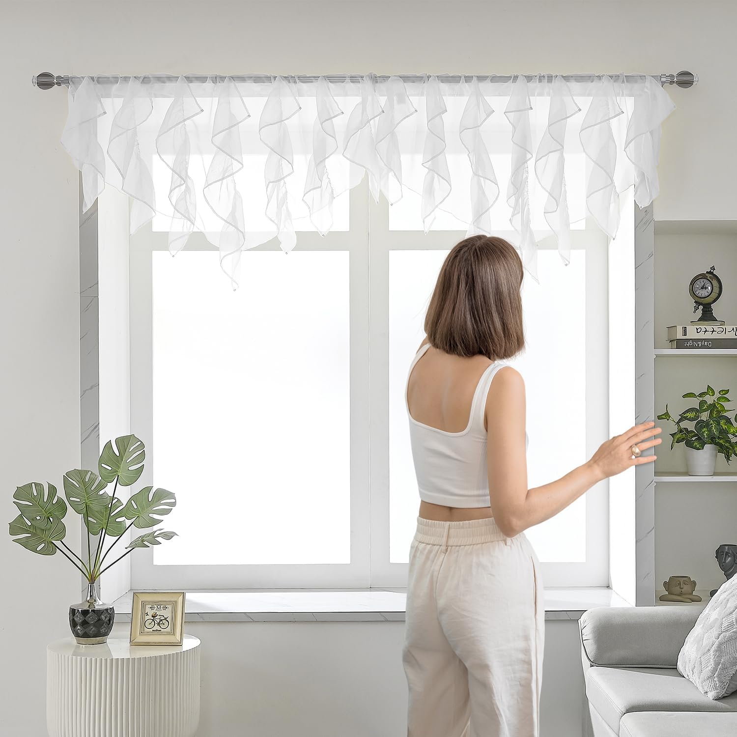 PearAge Ruffled Voile Semi Sheer Curtain Valance 52x26 Inches White-Triangle