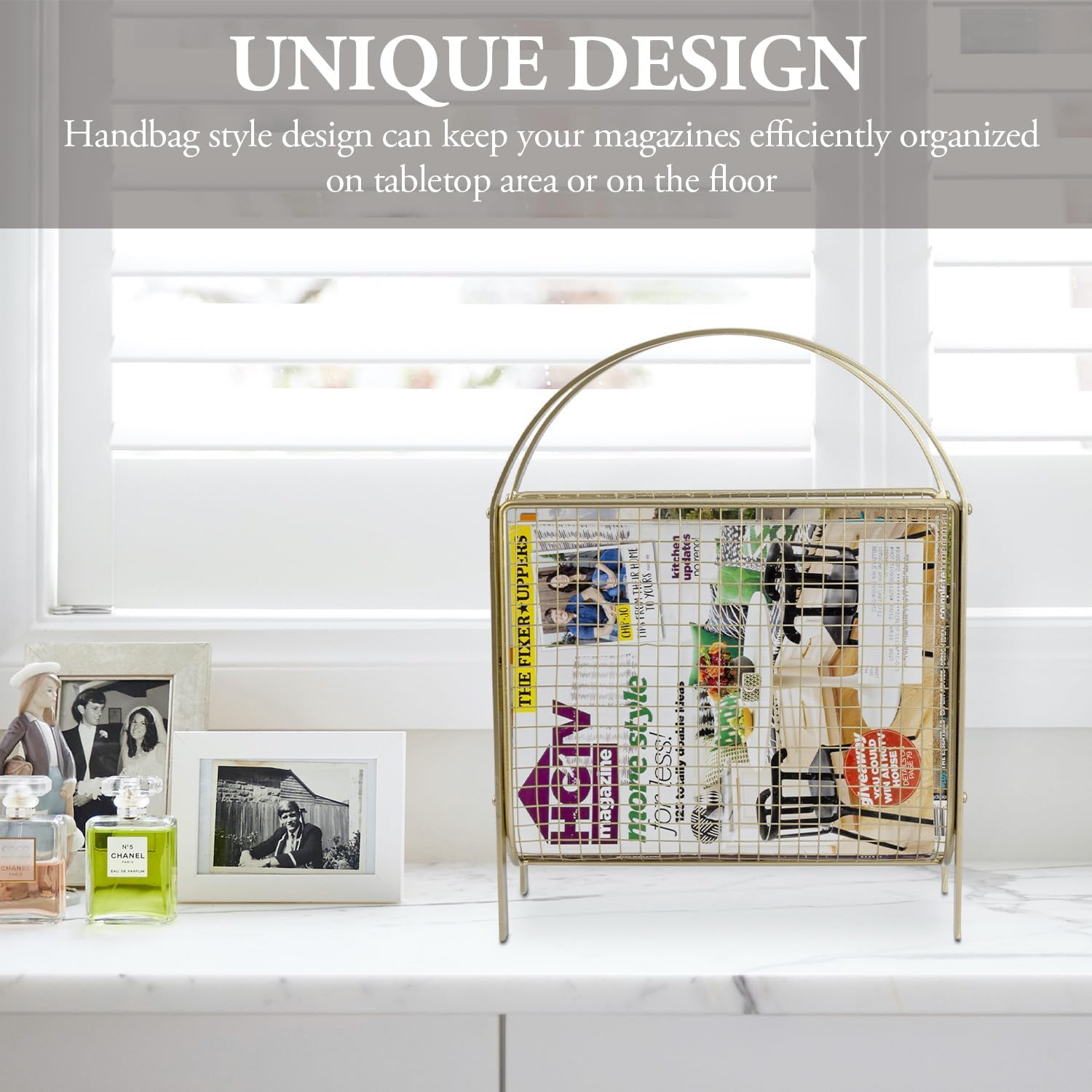 MyGift Mid Century Magazine Rack with Brass Mesh Finish