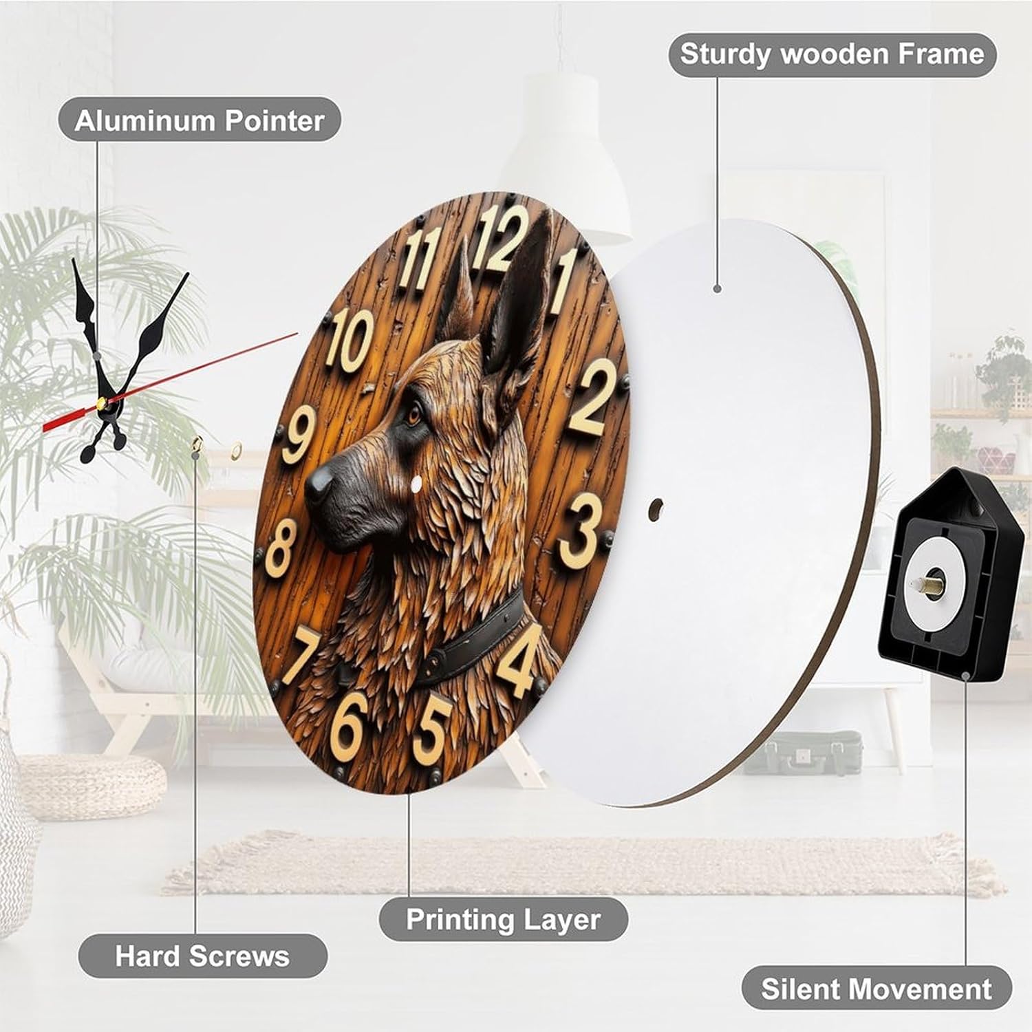 2D Wooden Dog Wall Clock German Shepherd 10 Inch Decor