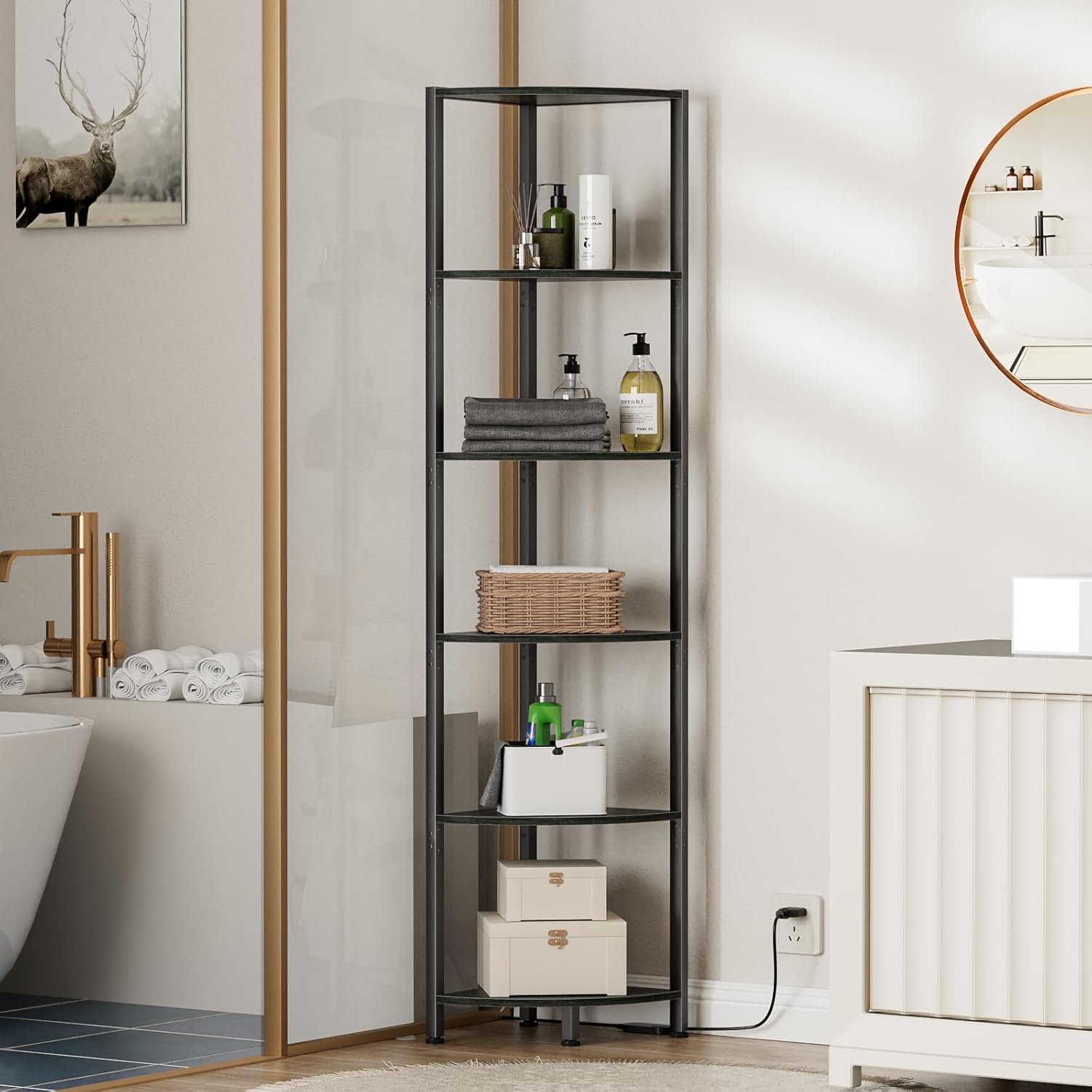 Furnulem 6 Tier Corner Shelf with LED Light Black