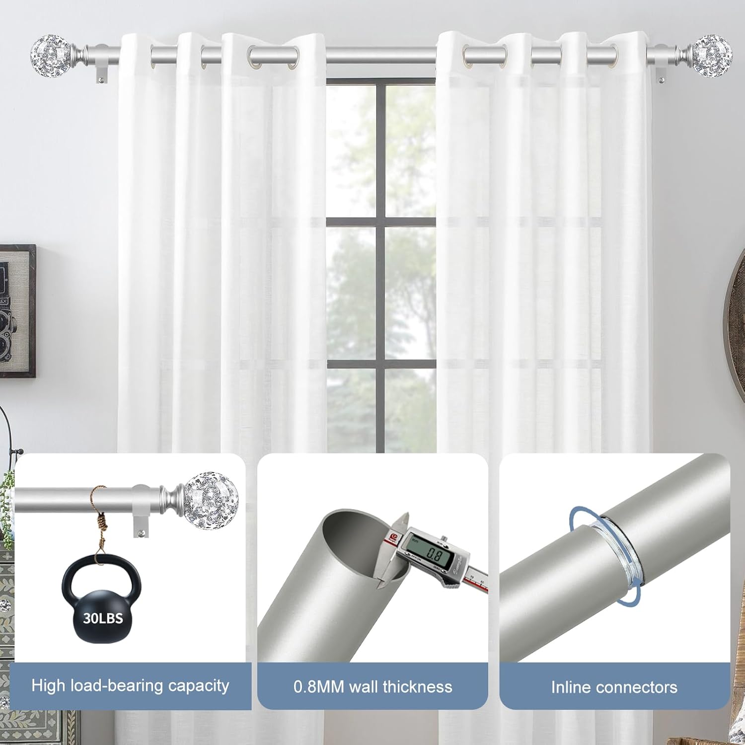 Silver Crystal Curtain Rods 18-60 Inches Adjustable