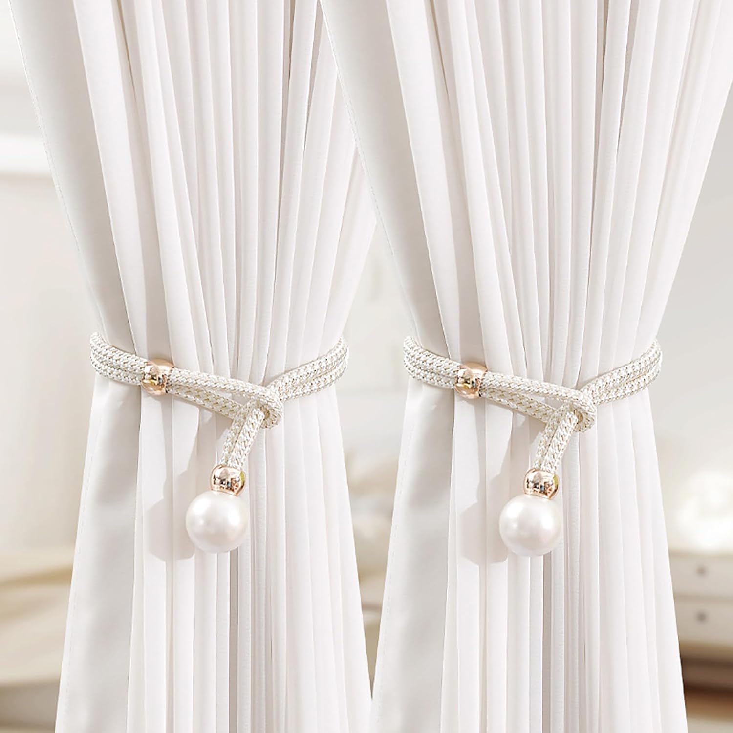 2 Pack Handmade Curtain Tiebacks with Rope White