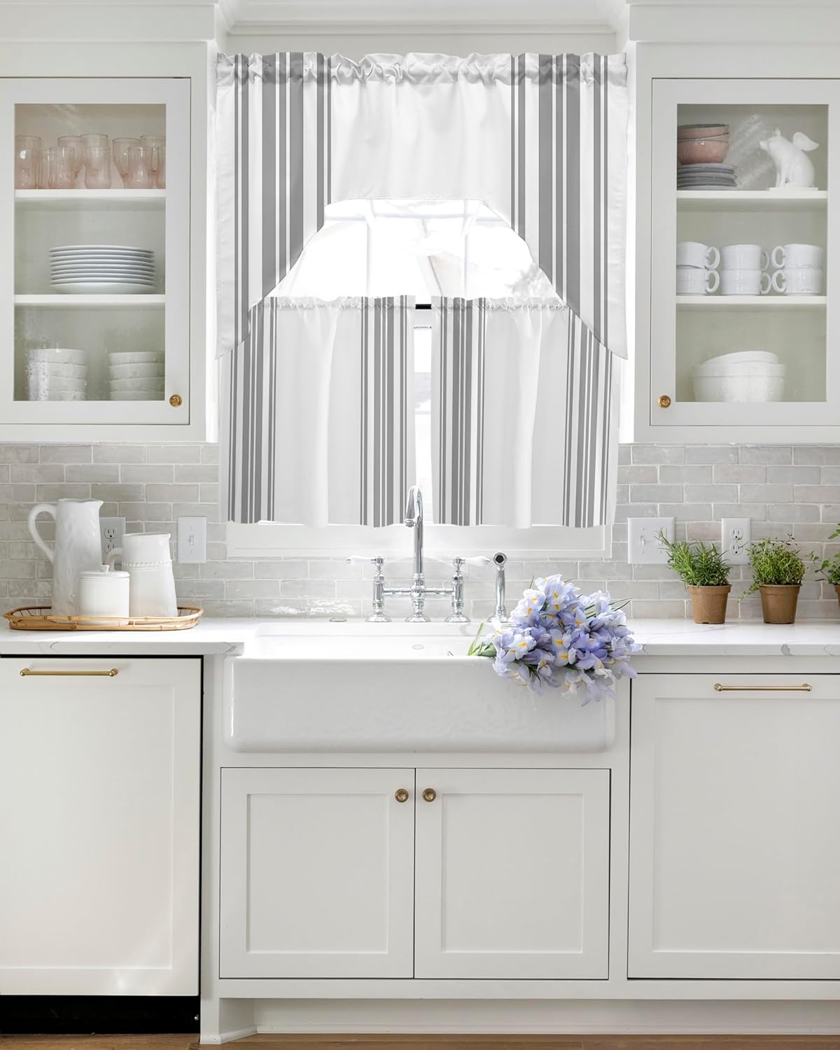 Grey White Stripes Swag Curtains 3 Piece Set for Kitchen Living Room