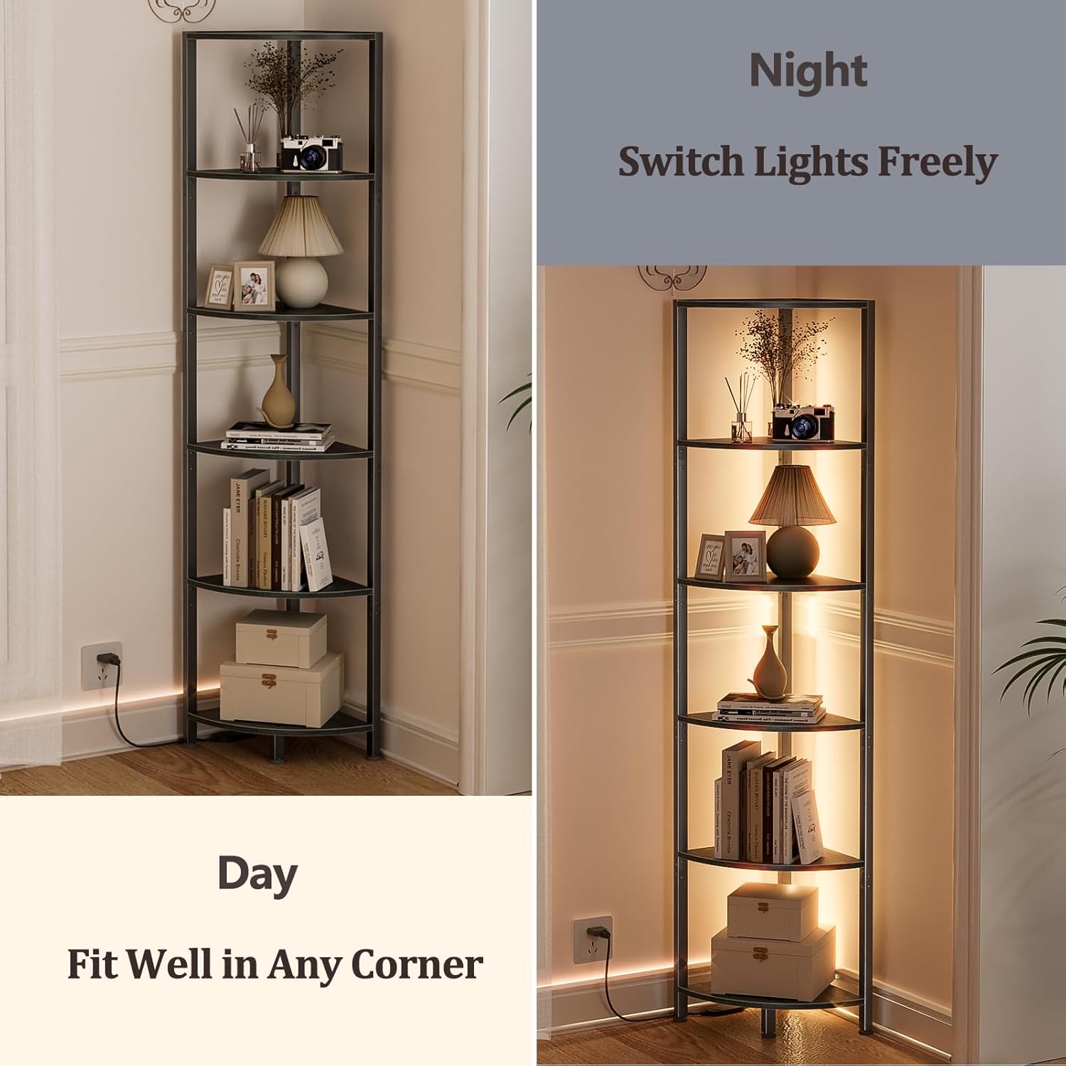 Furnulem 6 Tier Corner Shelf with LED Light Black