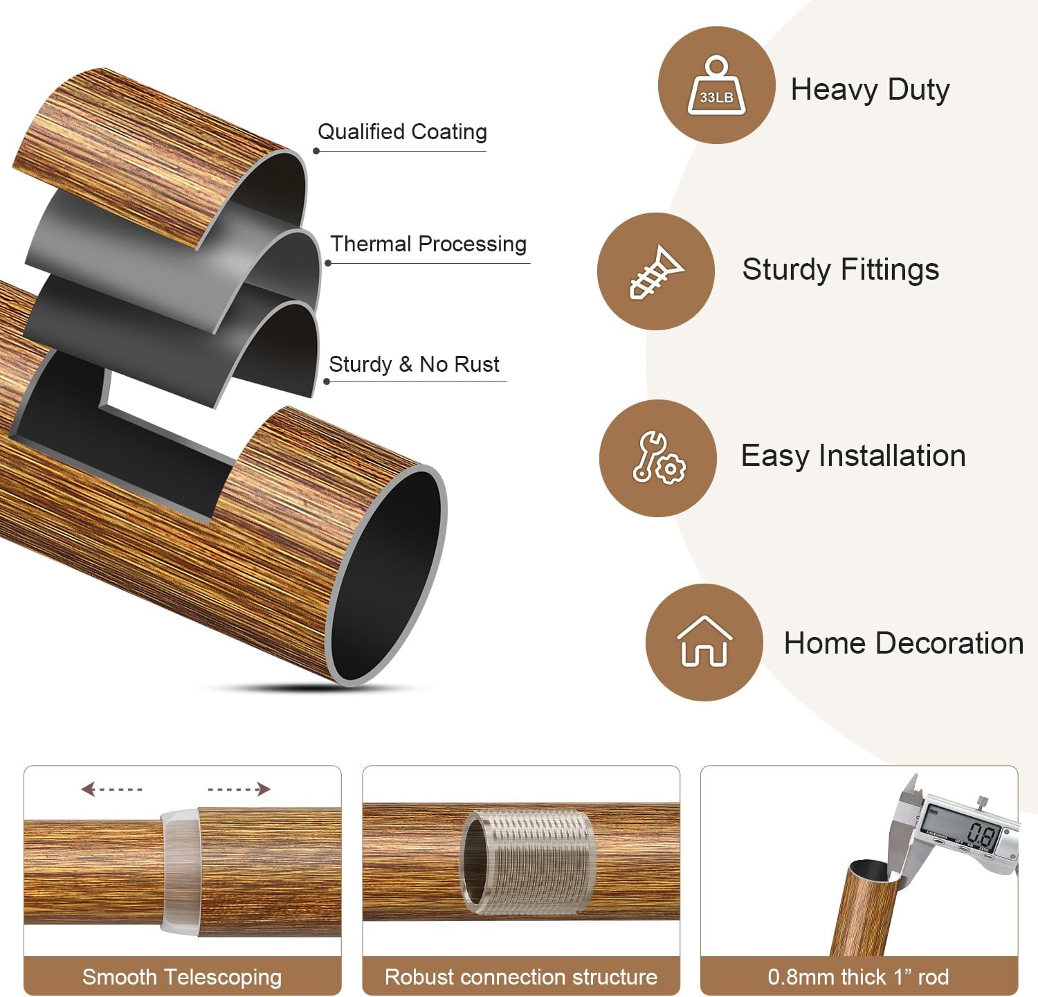 2 Pack Wood Curtain Rods for Windows 28 to 48 Inches