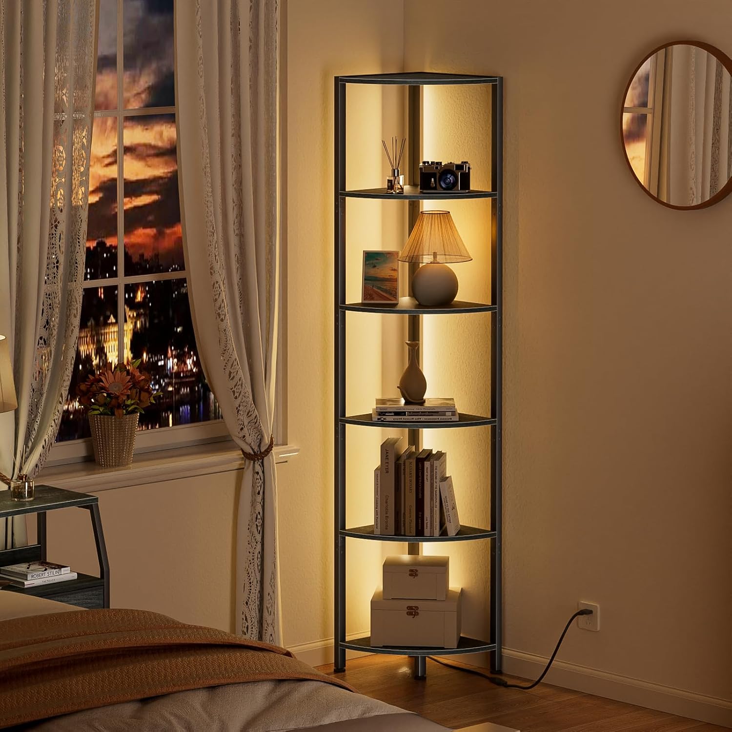 Furnulem 6 Tier Corner Shelf with LED Light Black