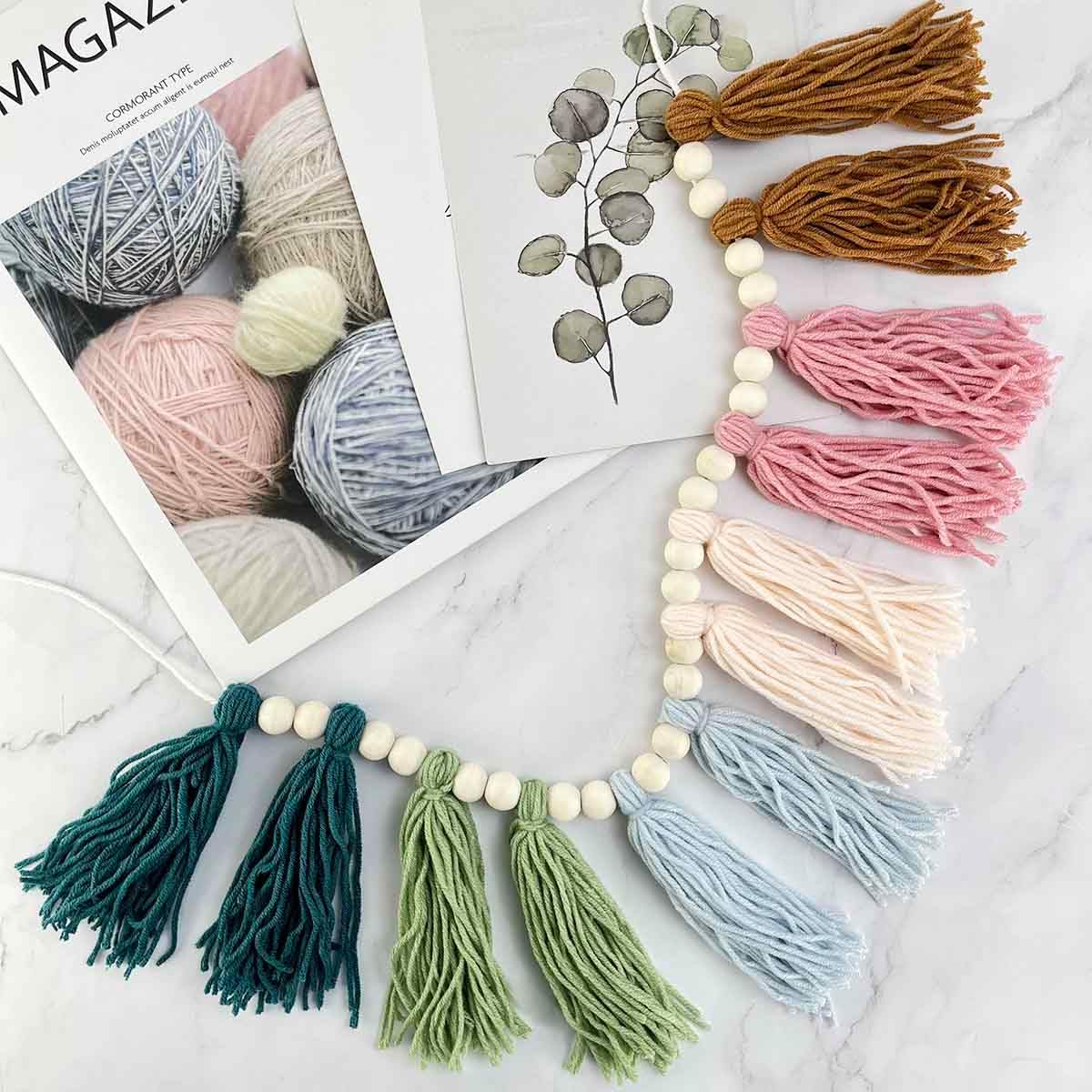 Rainbow Boho Tassel Wall Hanging with Wood Beads