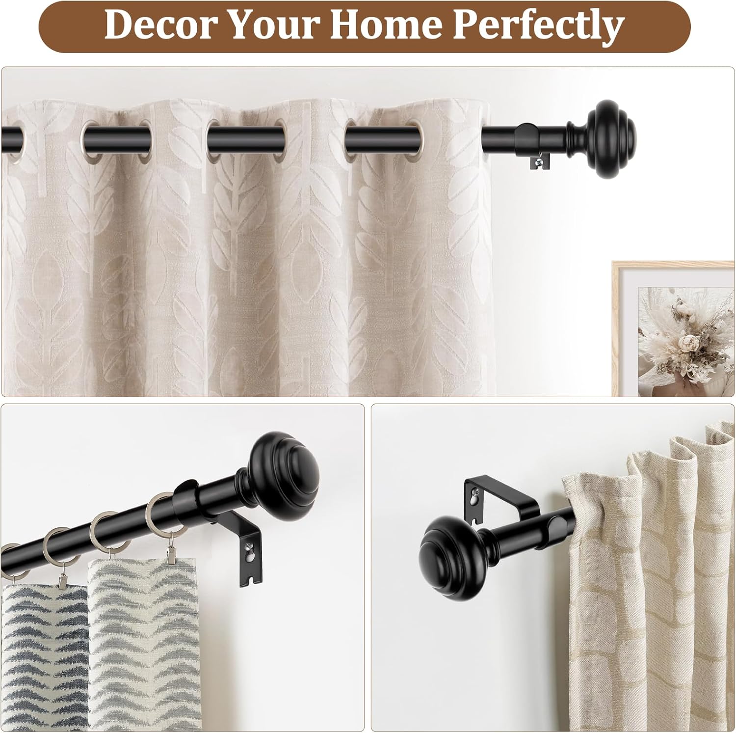 KAMANINA Adjustable Heavy Duty Curtain Rods Black 32-120 Inch Set