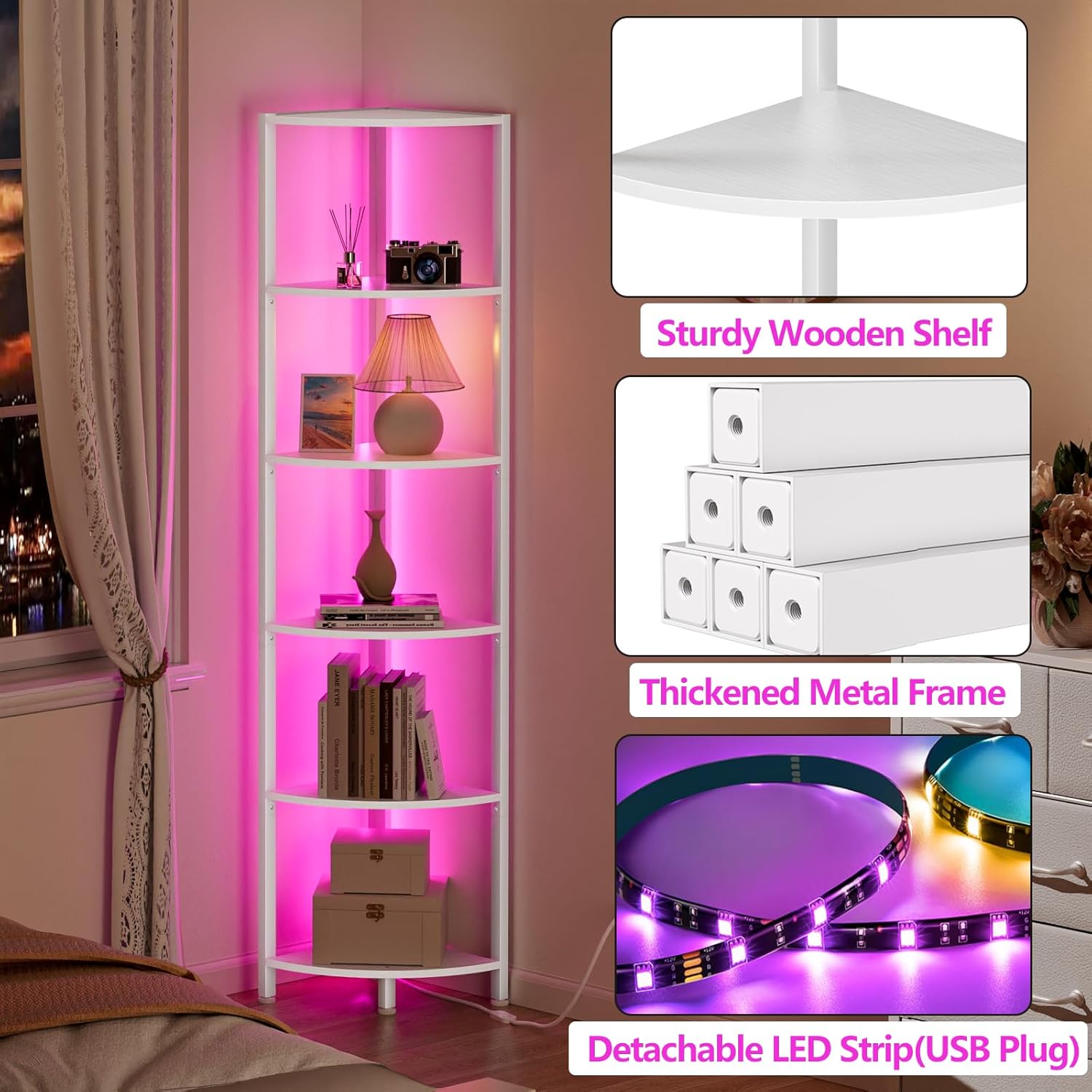 Furnulem 6 Tier Corner Shelf with LED Light White