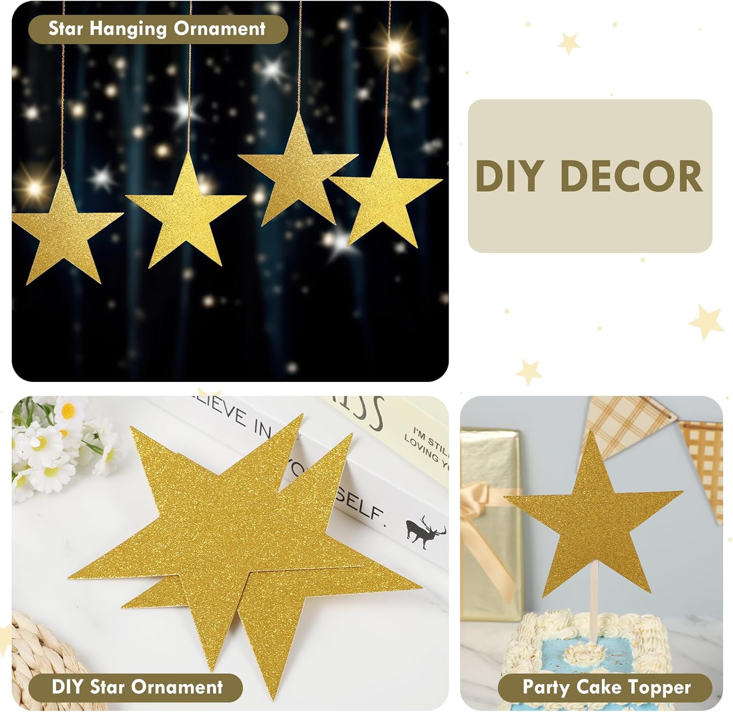 100 Pcs 6 Inch Glitter Gold Stars Decorations