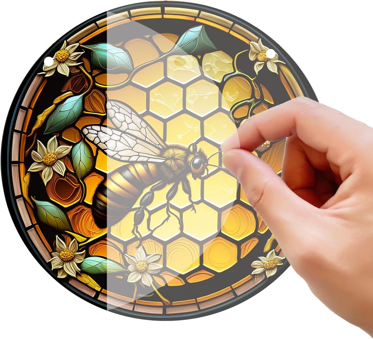 HOTIYOK Retro Yellow Hive Stained Glass Window Decor with Chain