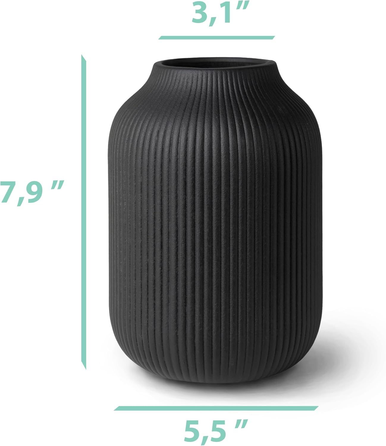 Flature Ceramic Vase with Grooves - Matte Black 20cm Tall
