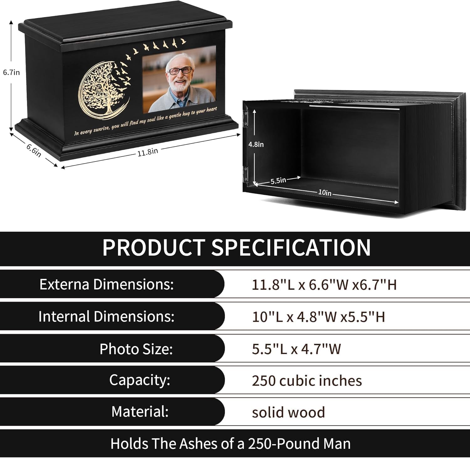 Elegant Wooden Cremation Urn with Photo Frame and Tree of Life Design