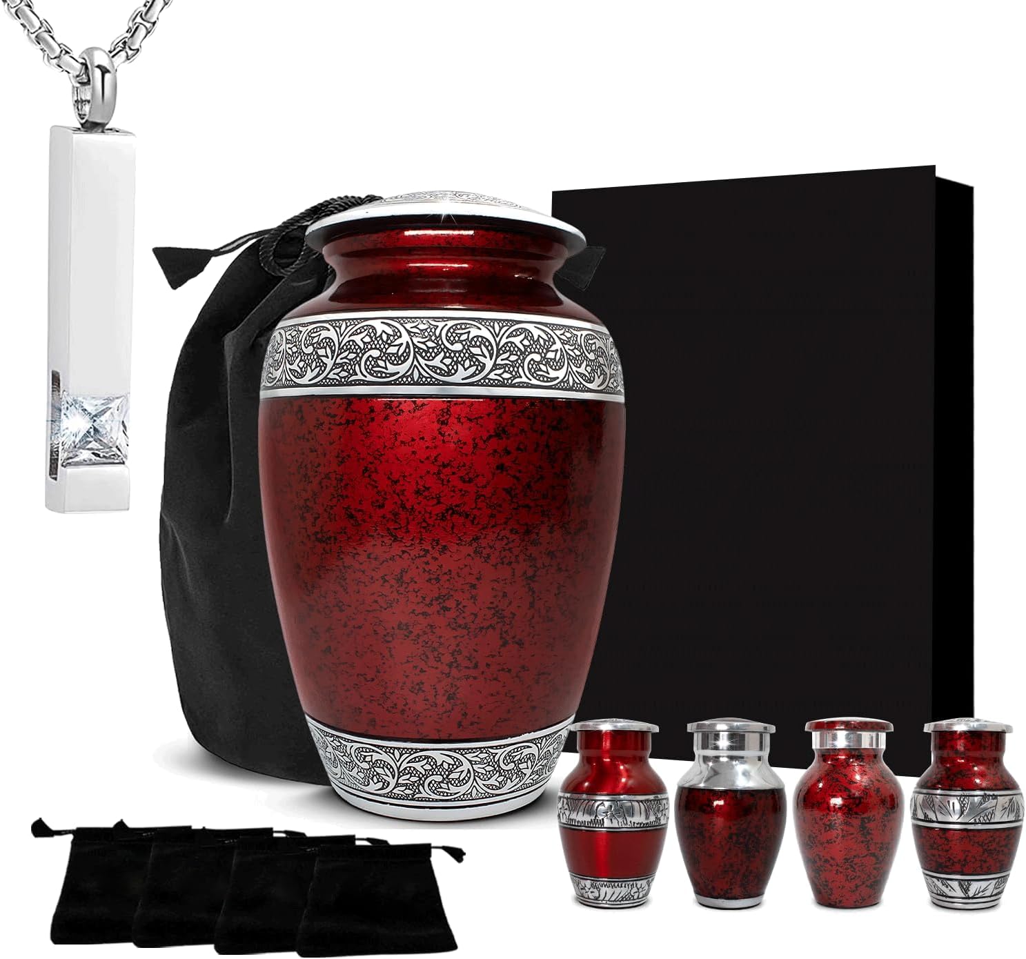 Elegant Cremation Urn Set - 5 Piece Red Urns with Velvet Bags