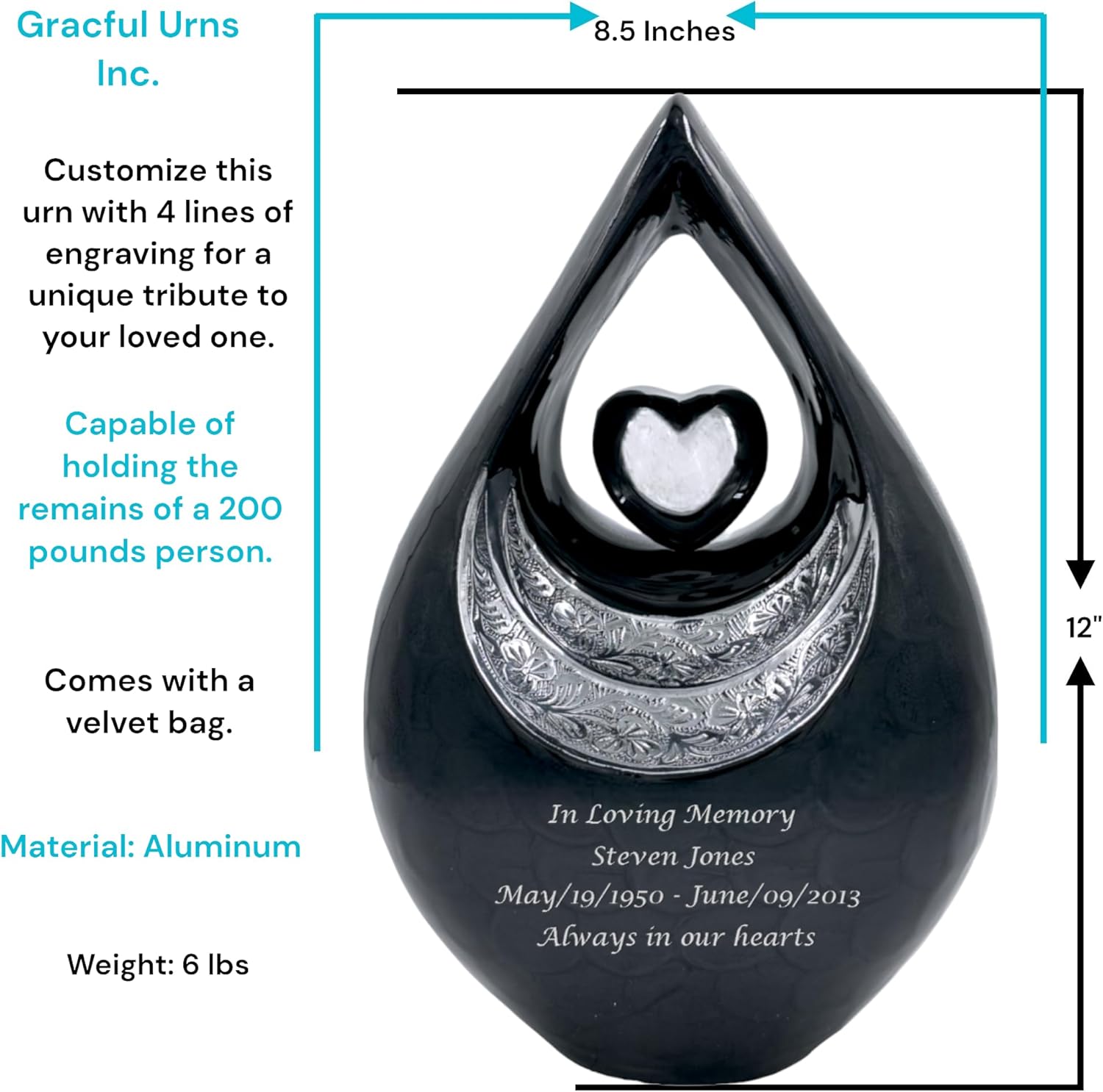 GRACEFUL URNS Teardrop Cremation Urn with Velvet Bag