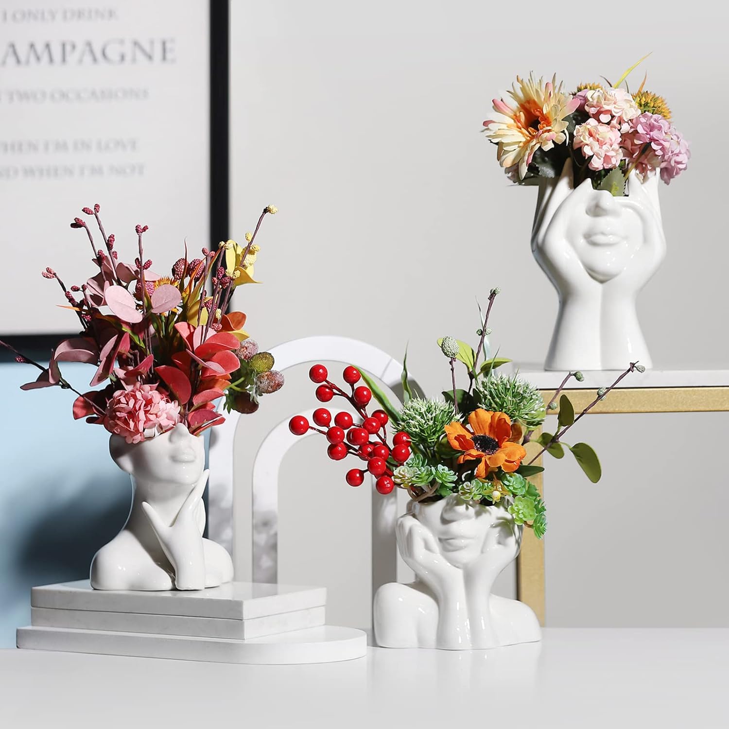 BrownLove Ceramic Face Vase with White Flower Design