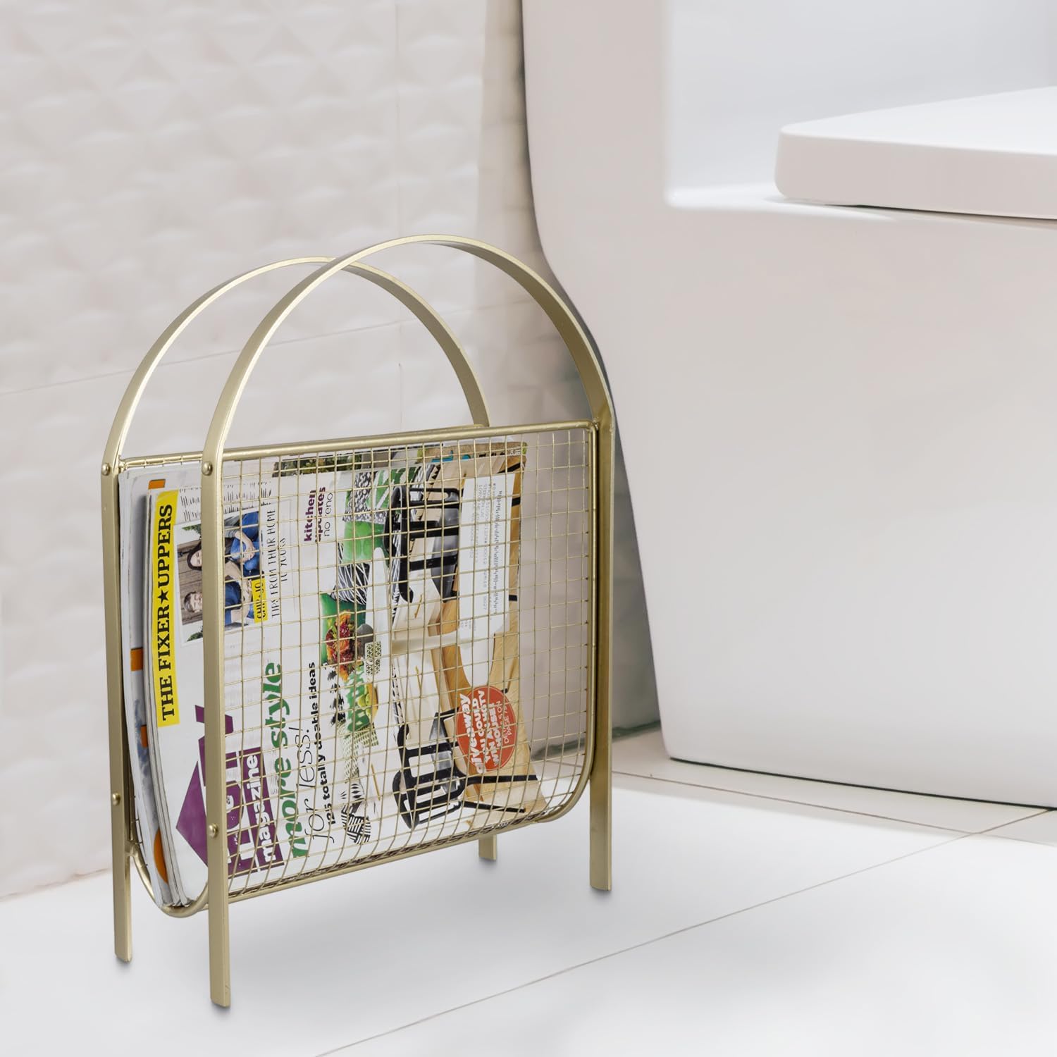 MyGift Mid Century Magazine Rack with Brass Mesh Finish