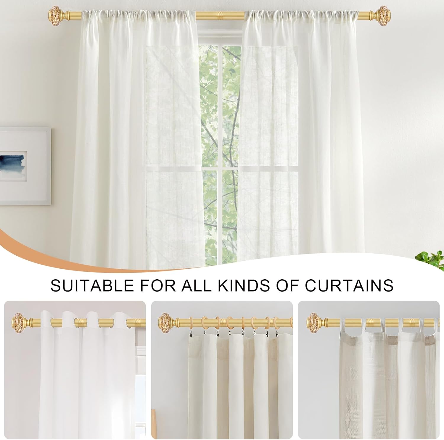 2 Pack Gold Curtain Rods for Windows 48-84 Inch Farmhouse Style