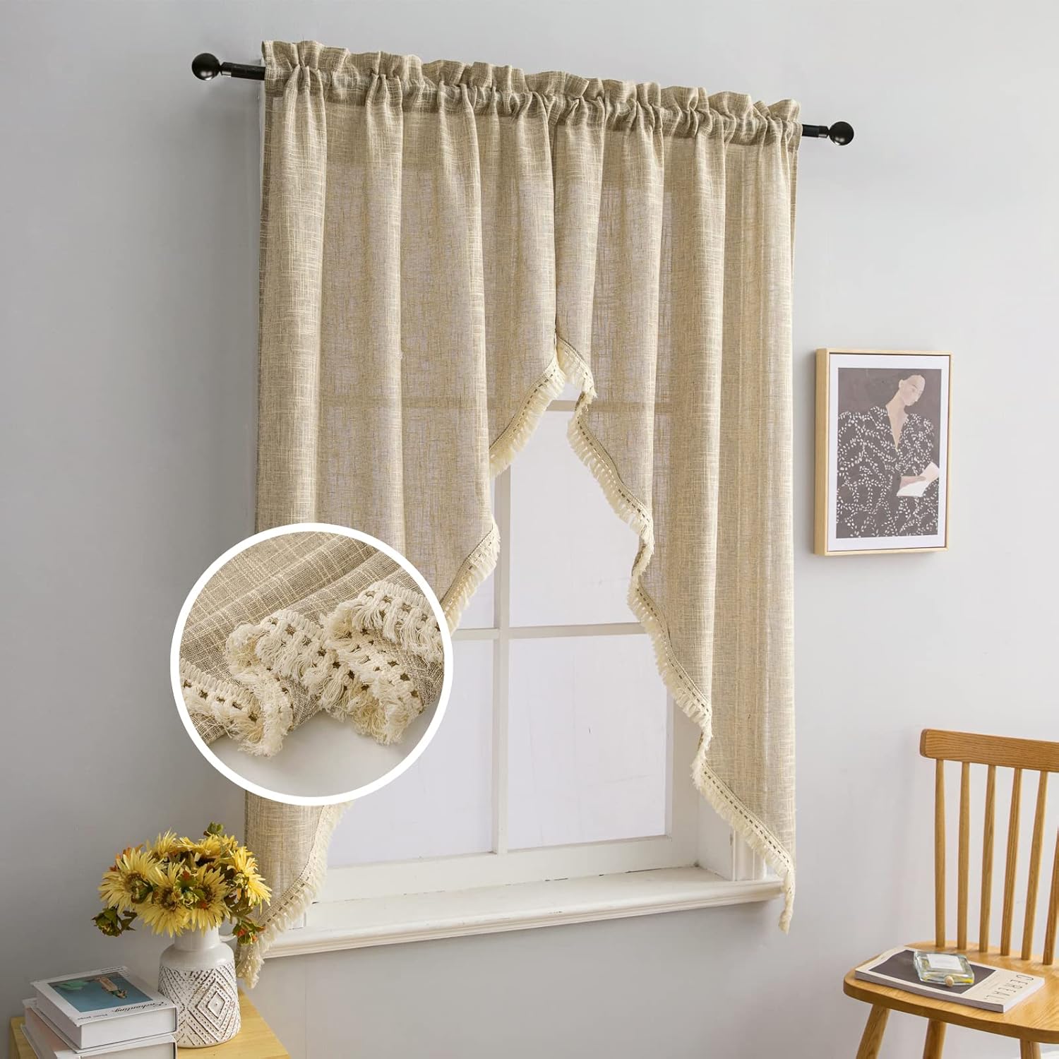 Beda Home Tassel Linen Textured Swag Curtain Valance for Farmhouse Kitchen 1