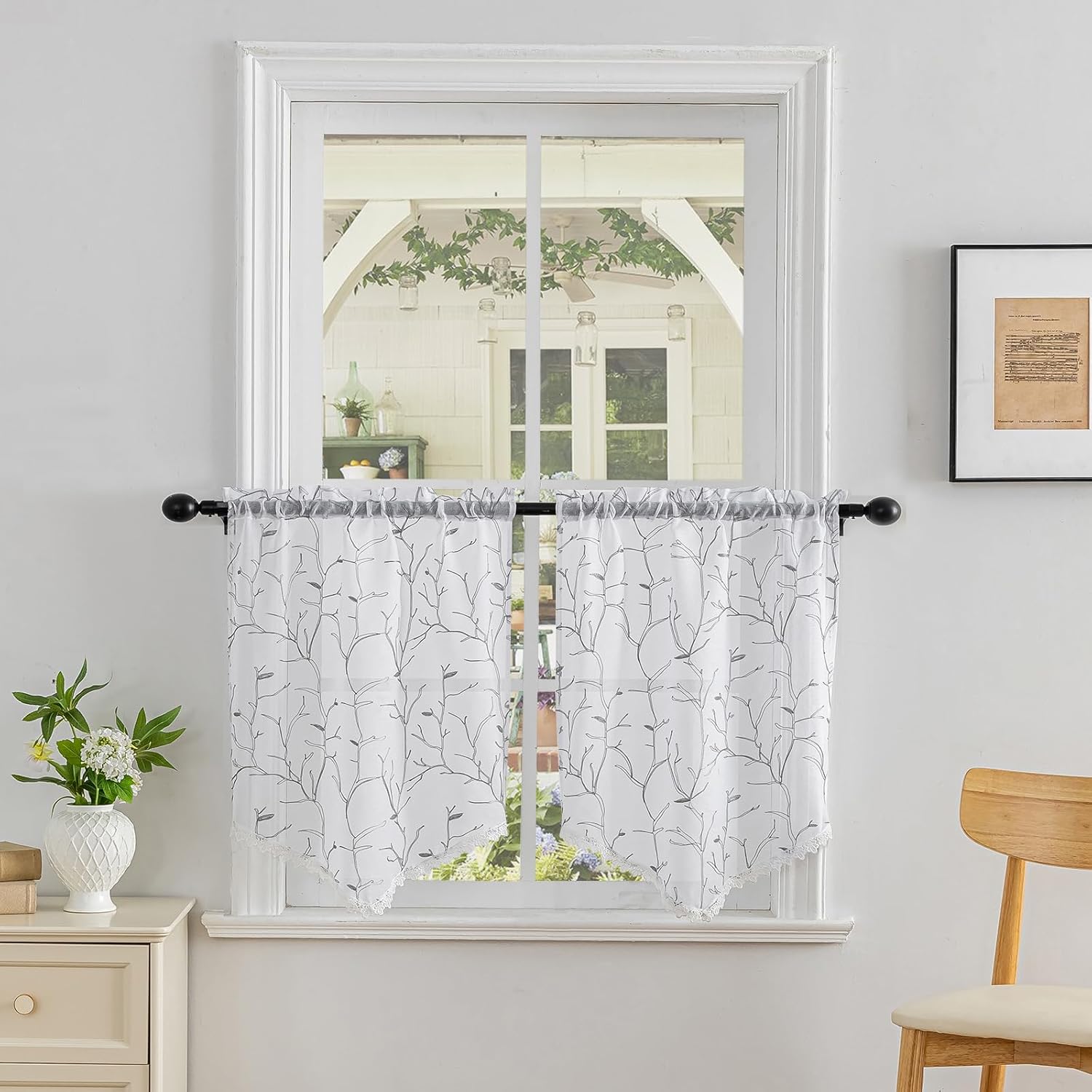 Beda Home Tassel Embroidery Sheer Curtain Valance - Grey 26x24 1 Pair