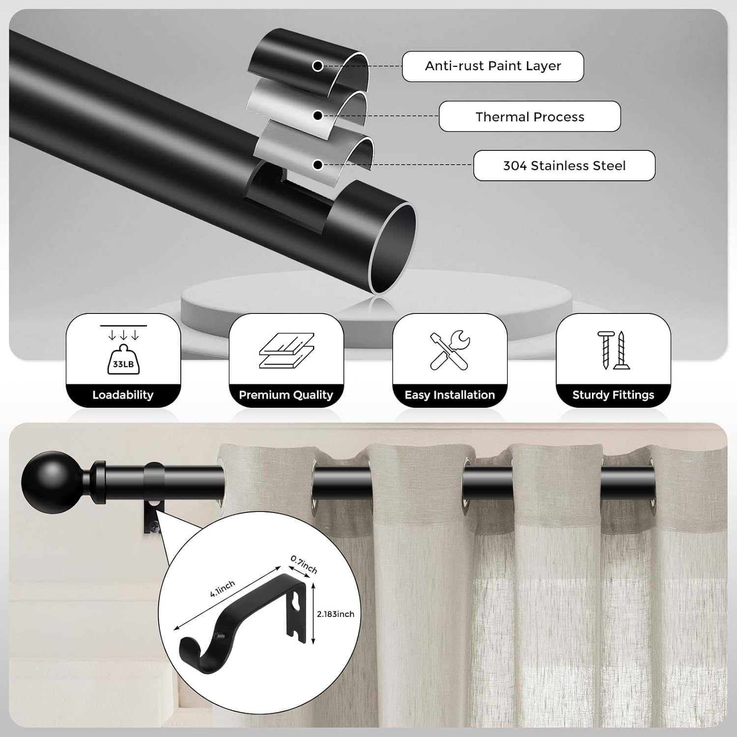 2 Pack Black Curtain Rods 48 to 84 Inch Adjustable Heavy Duty