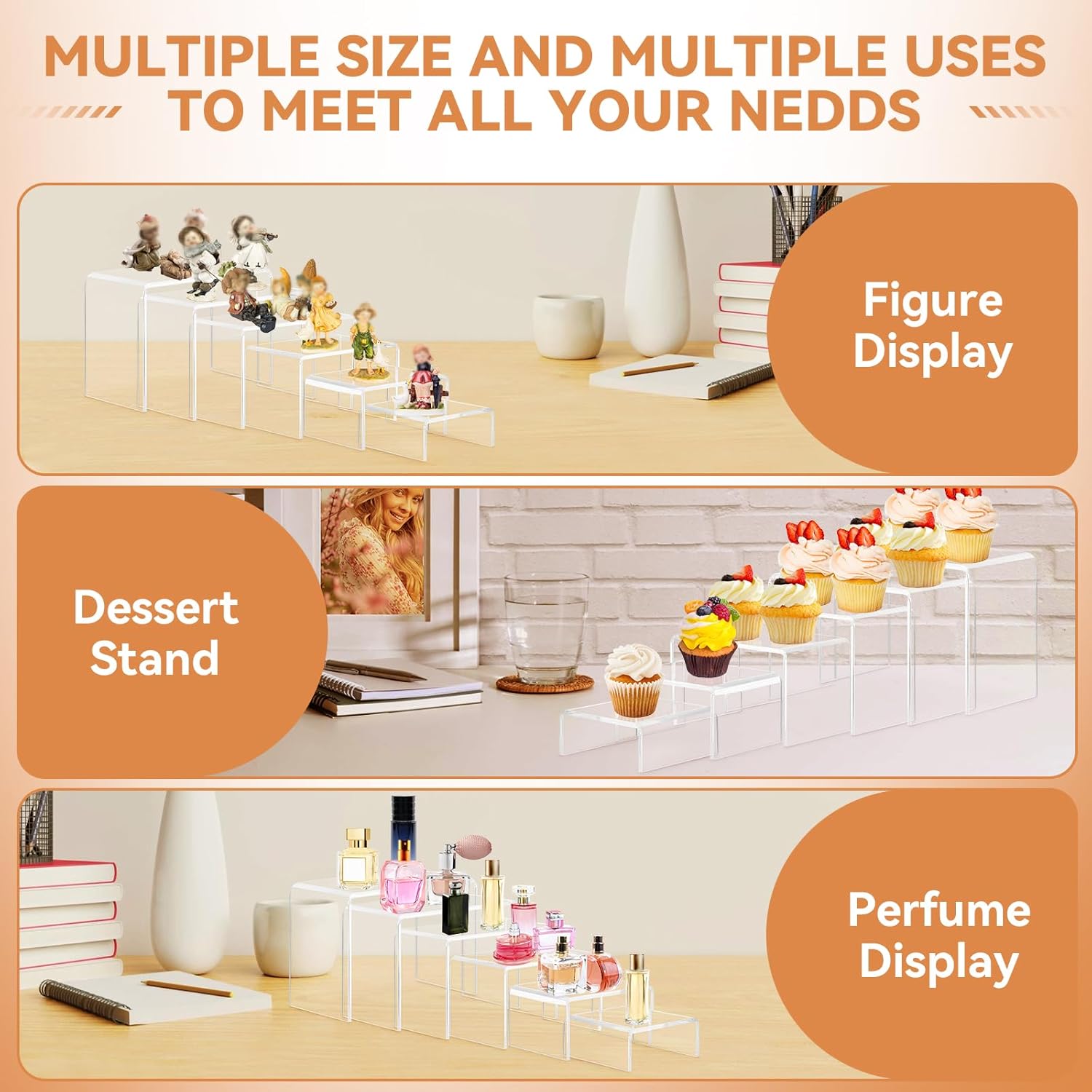 12 Pcs Acrylic Display Risers 2 Sets for Jewelry and Perfume Showcase