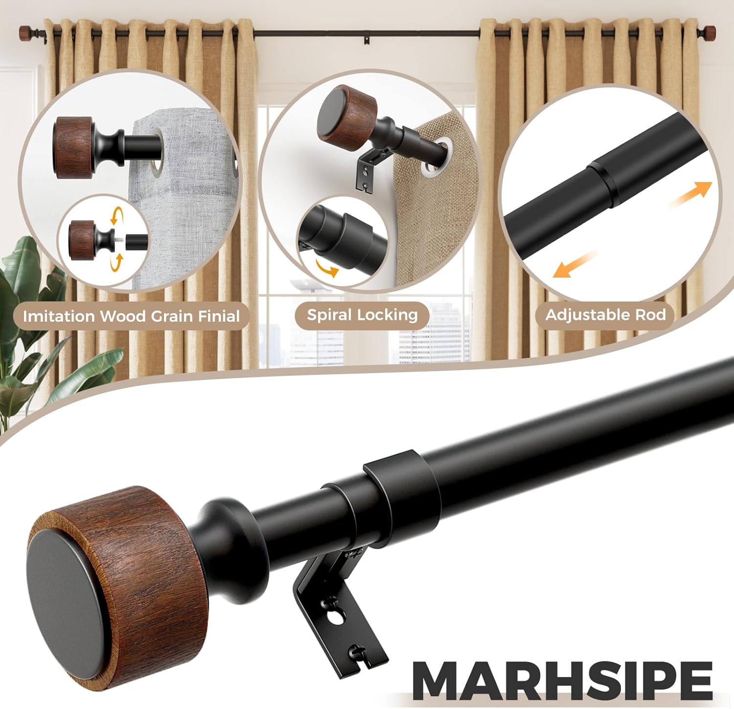 MARHSIPE Wood Curtain Rods 30-88 Inch 1 Diameter Heavy Duty Rod Set