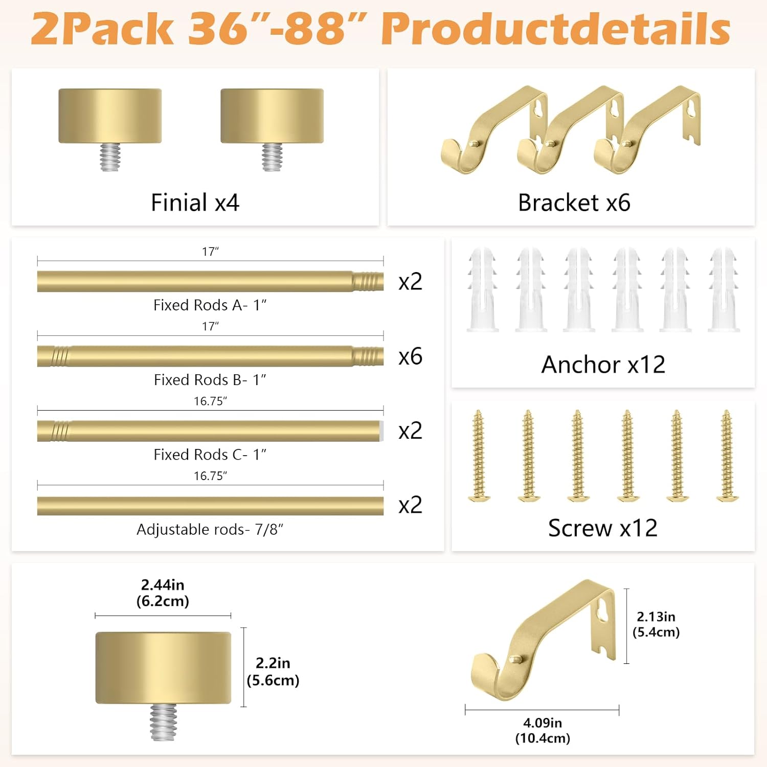 OLV 2 Pack Gold Adjustable Curtain Rods for Windows 48-84 Inch