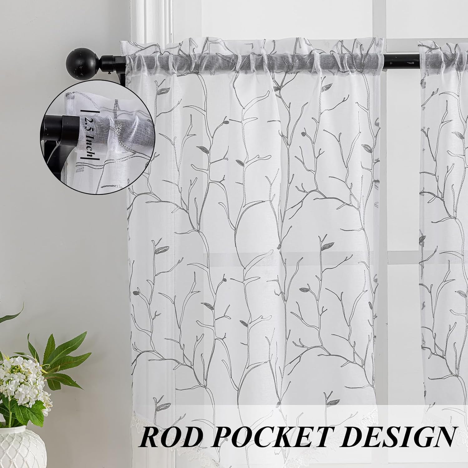 Beda Home Tassel Embroidery Sheer Curtain Valance - Grey 26x24 1 Pair