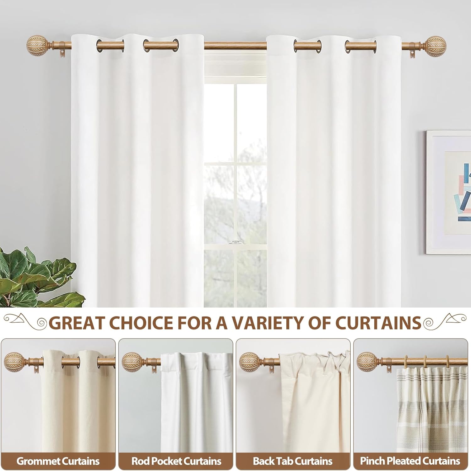 KAMANINA 1 Inch Adjustable Wooden Curtain Rods 48-84 Inch