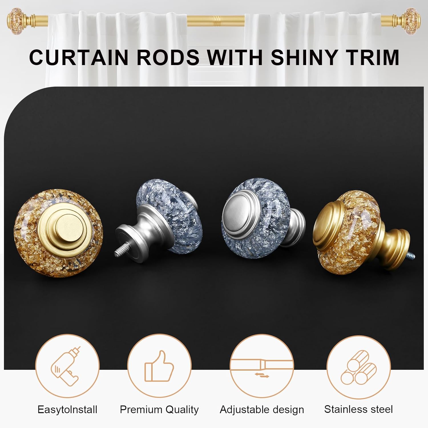 2 Pack Gold Curtain Rods for Windows 48-84 Inch Farmhouse Style