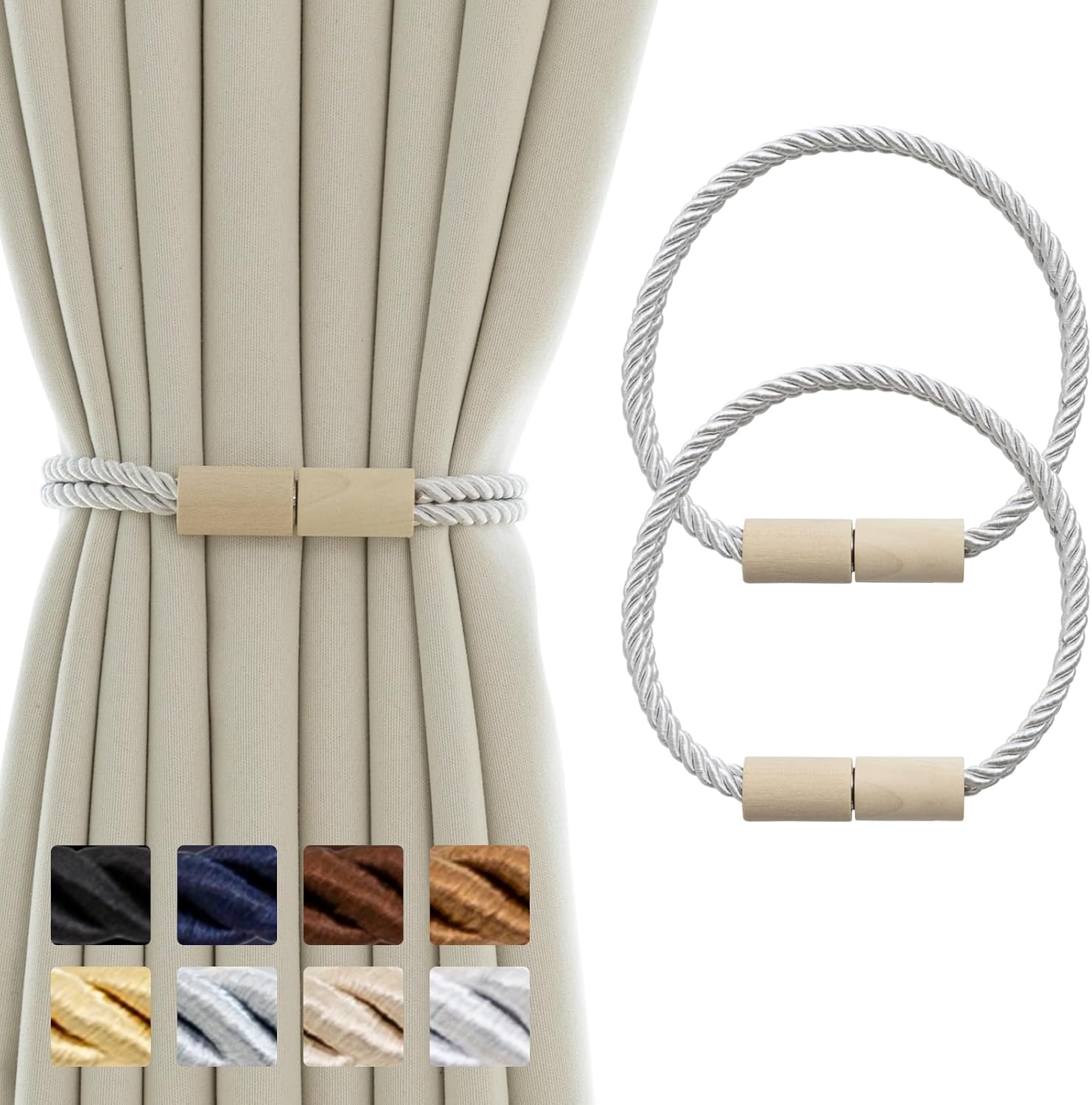 Contoeey Wooden Curtain Tiebacks 2 Pack Magnetic Boho Holders