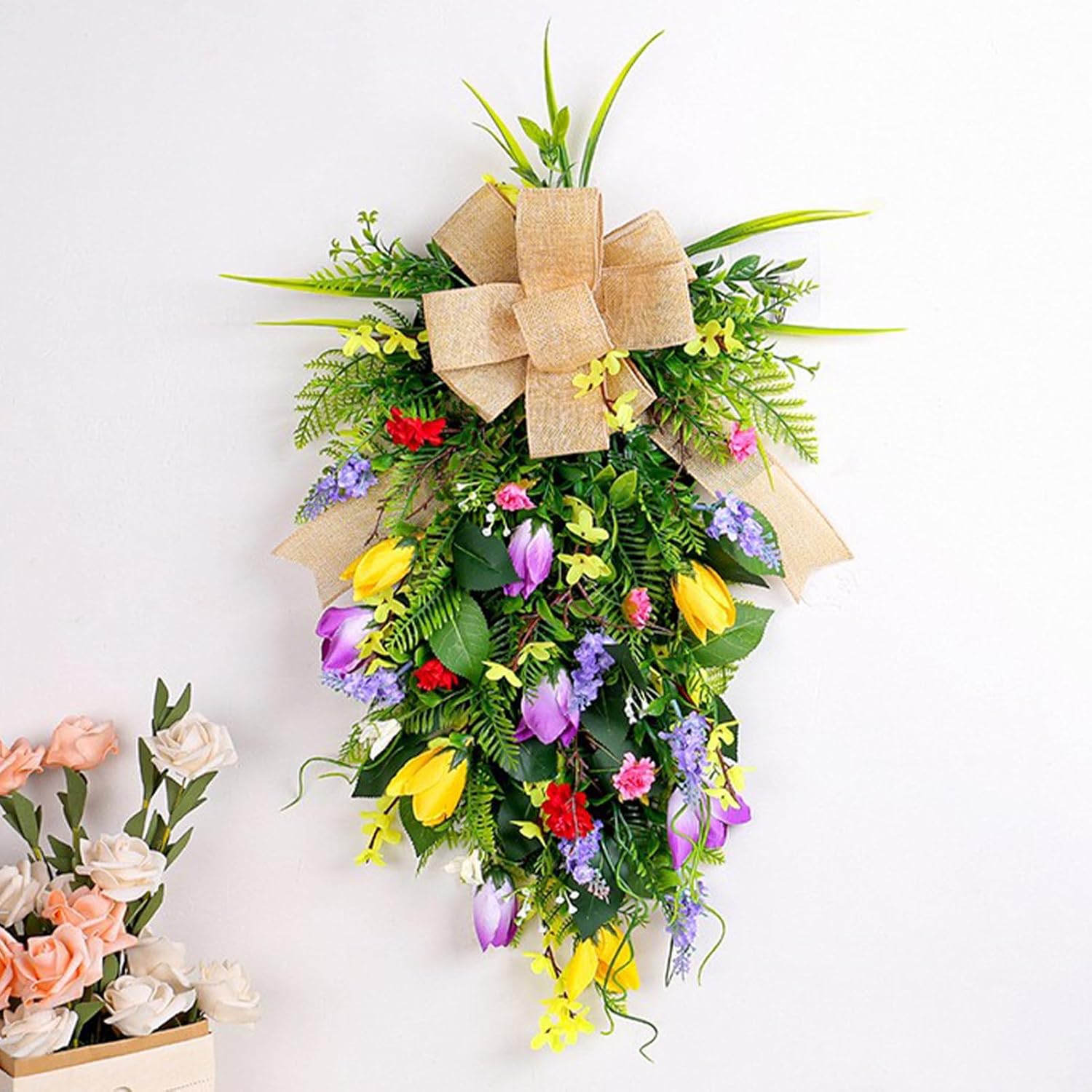 Tulips Teardrop Swag with Burlap Bow and Greenery