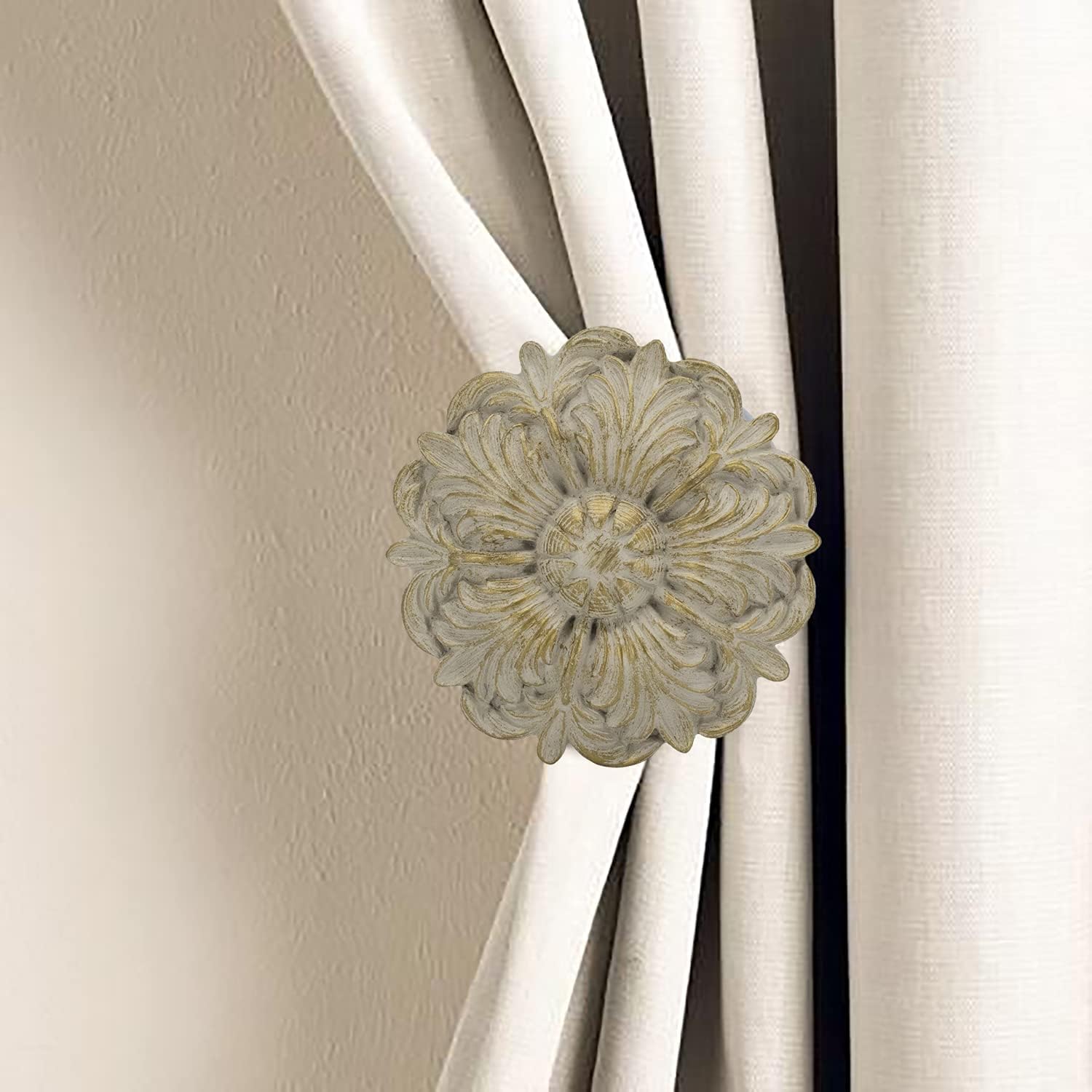 MERIVILLE Fleur Window Drapery Holdbacks Set of 2 French White with Gold