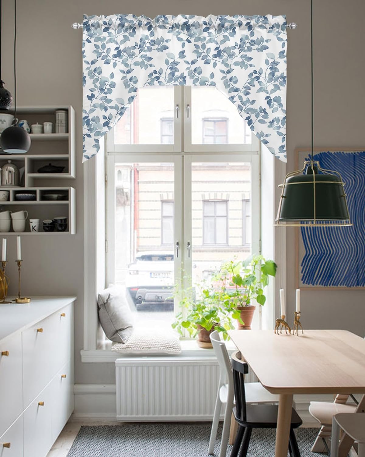 Blue Leaves Swag Valance Kitchen Curtains 56x36