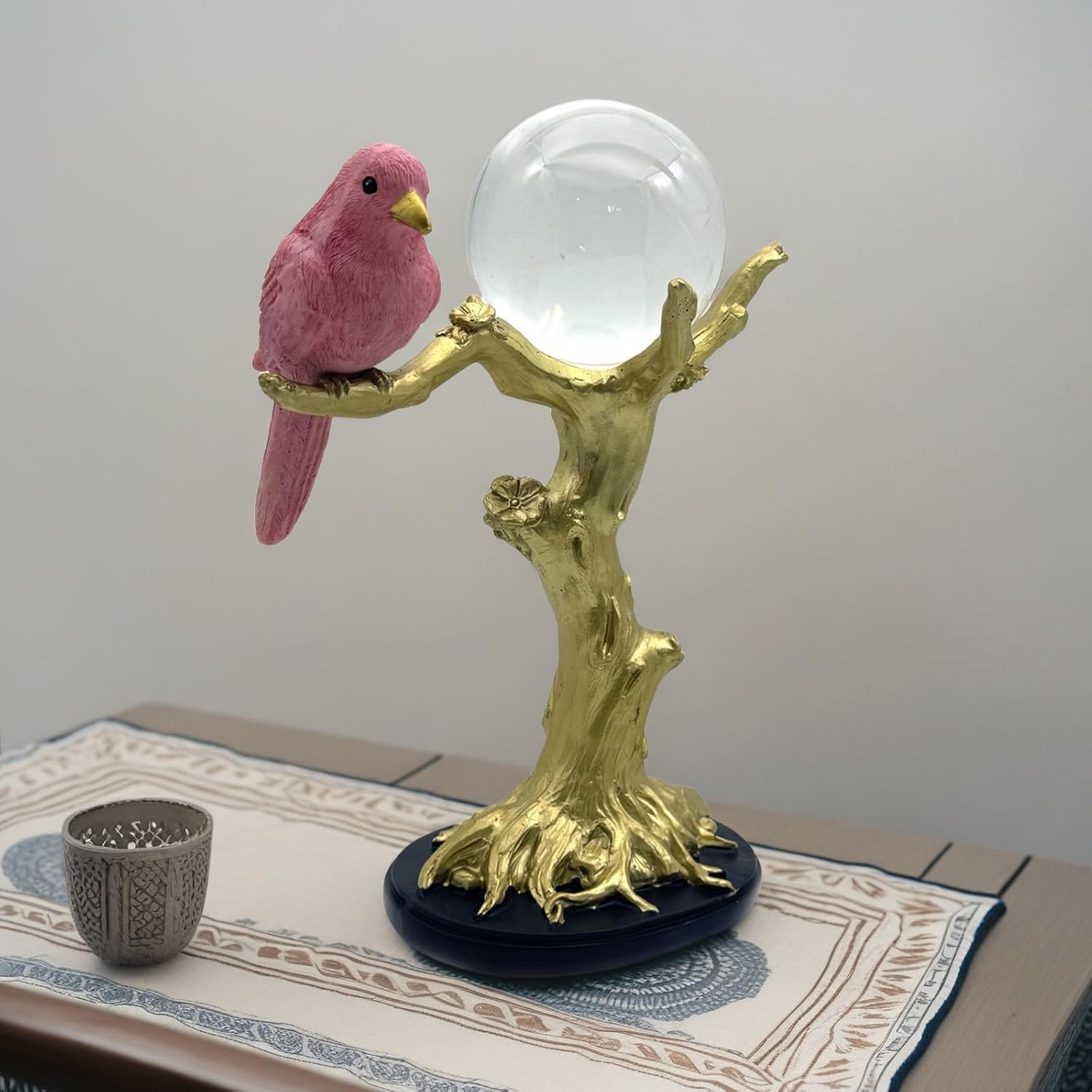Pink Resin Bird on Tree Branch with Crystal Glass Ball Statue