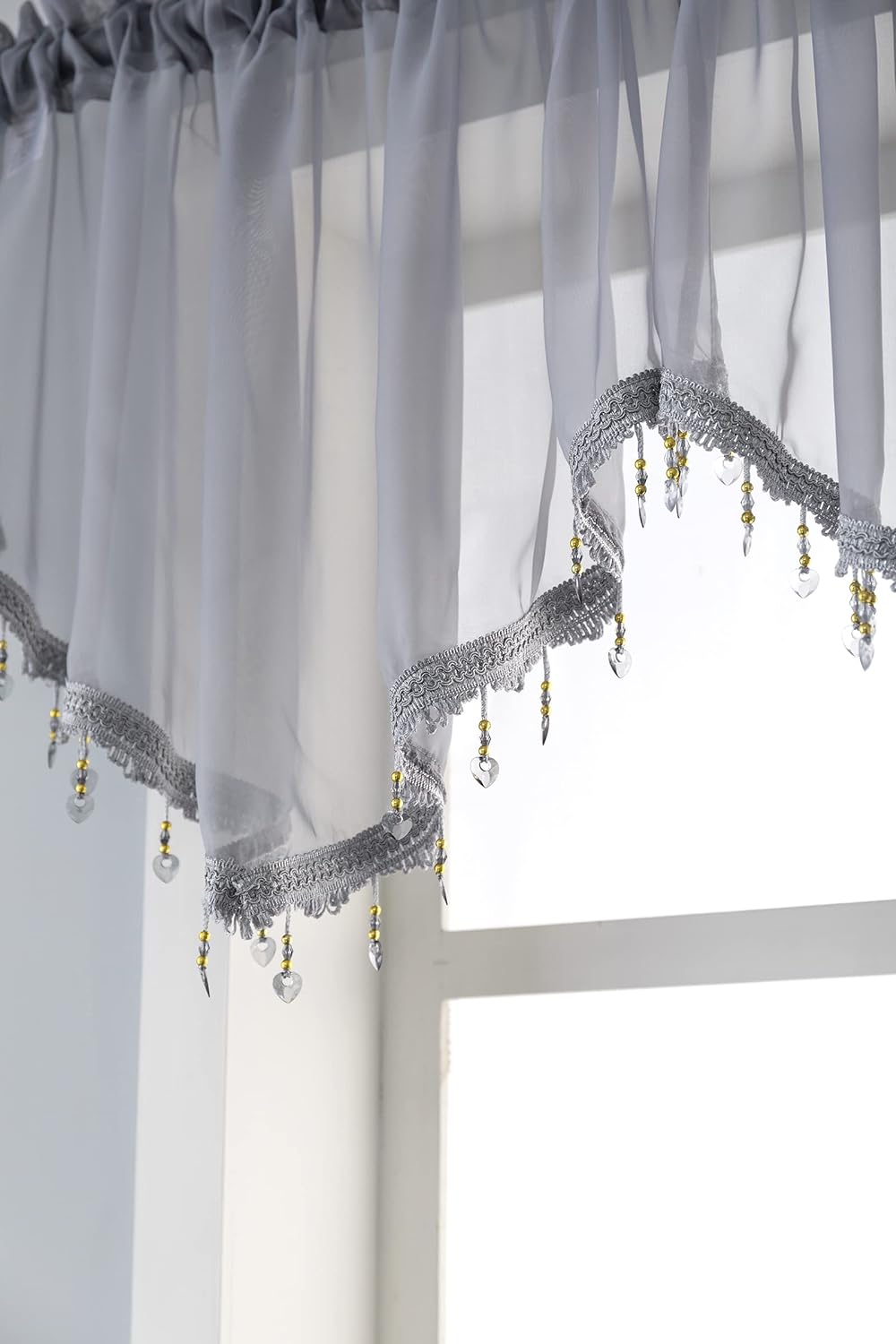Beaded Sheer Curtain Valance for Bedroom Living Room 51x24 Inches Grey 1PC