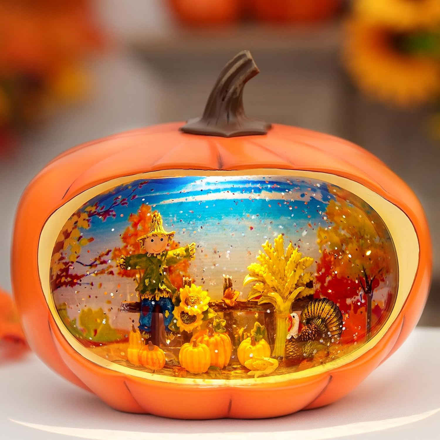 HOLYHOM Fall Decor Lighted Pumpkin Snow Globe